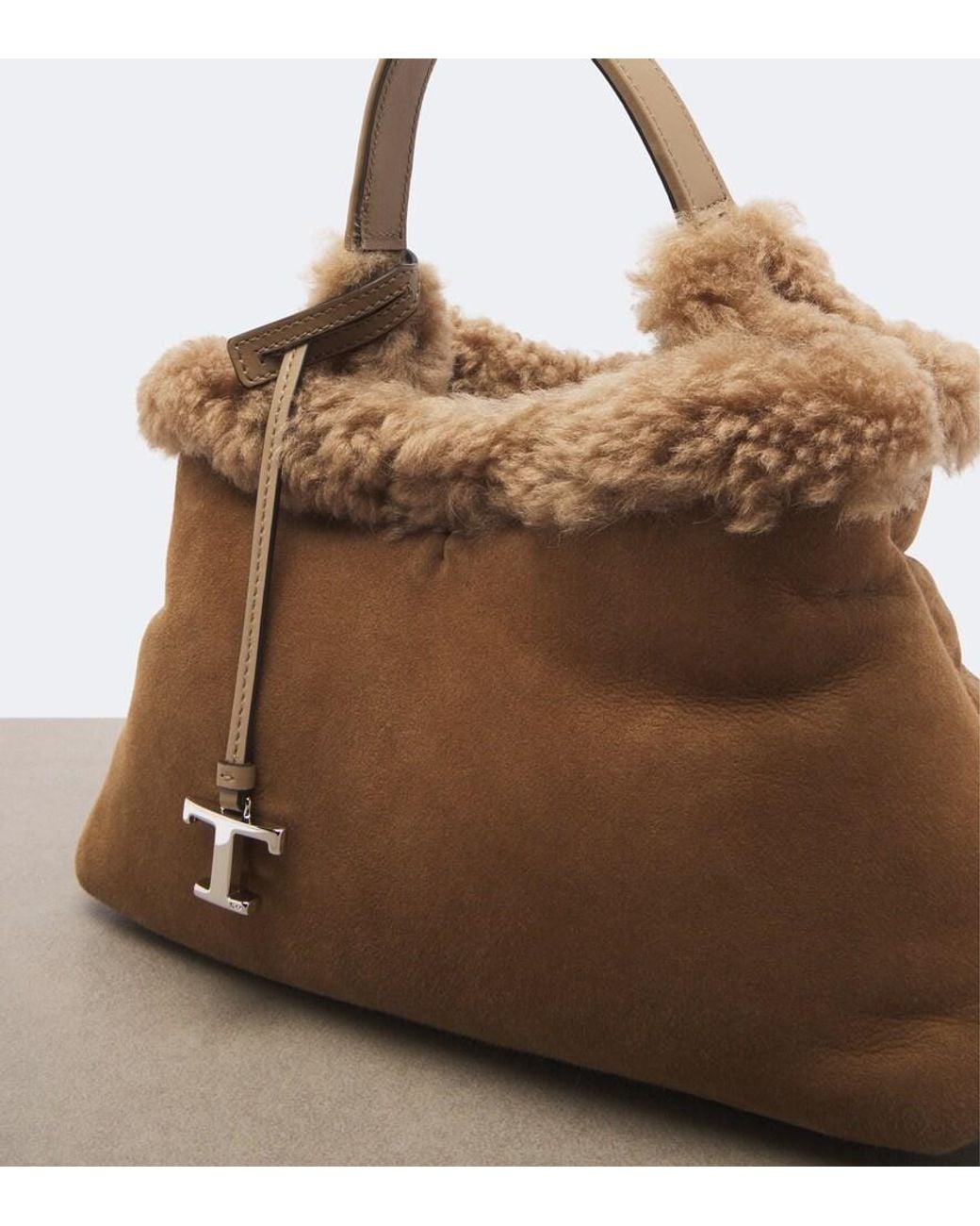 Tod's Brown T Timeless Shearling-Lined Suede Tote Bag