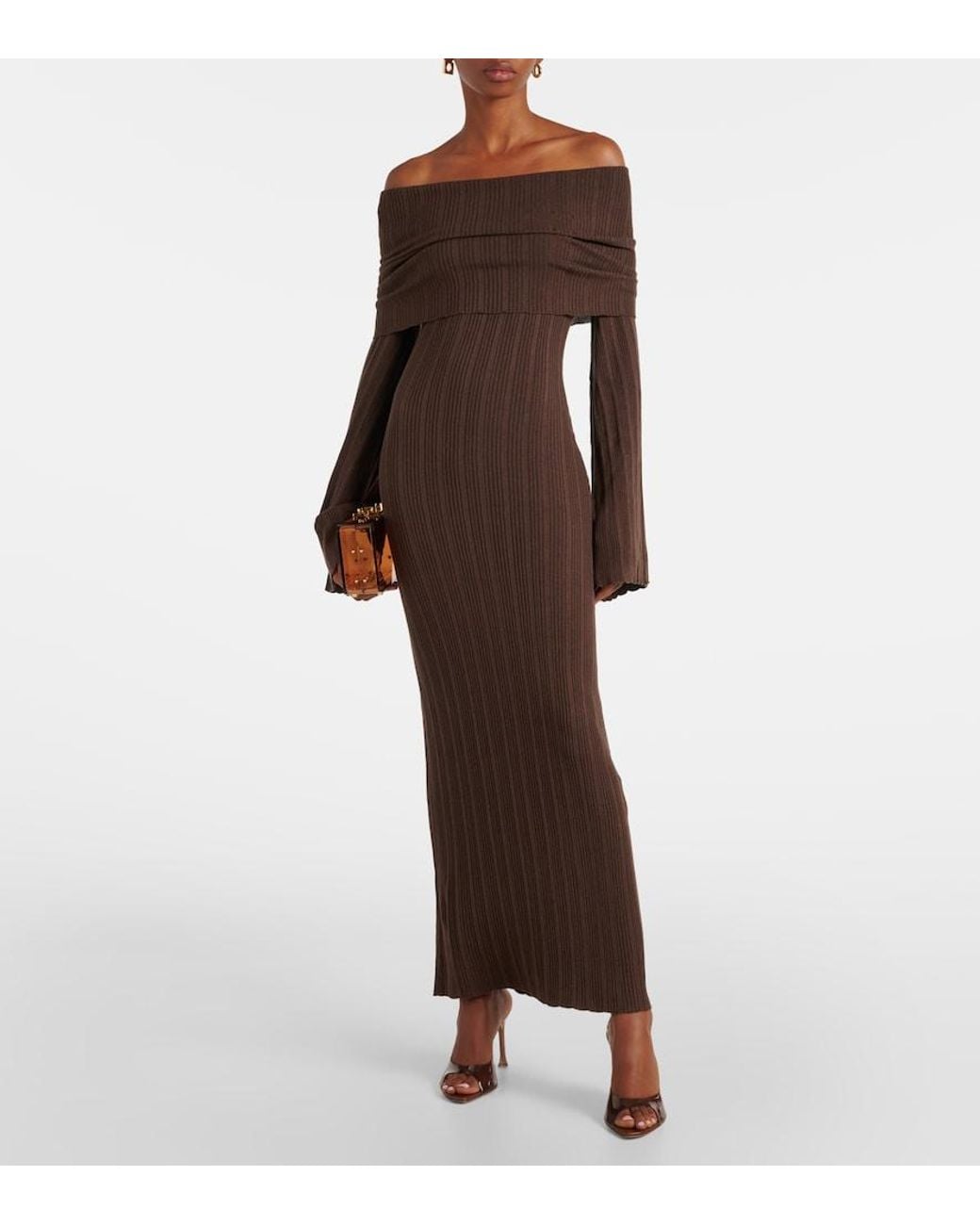 AYA MUSE Brown Off-Shoulder Silk-Blend Jersey Maxi Dress