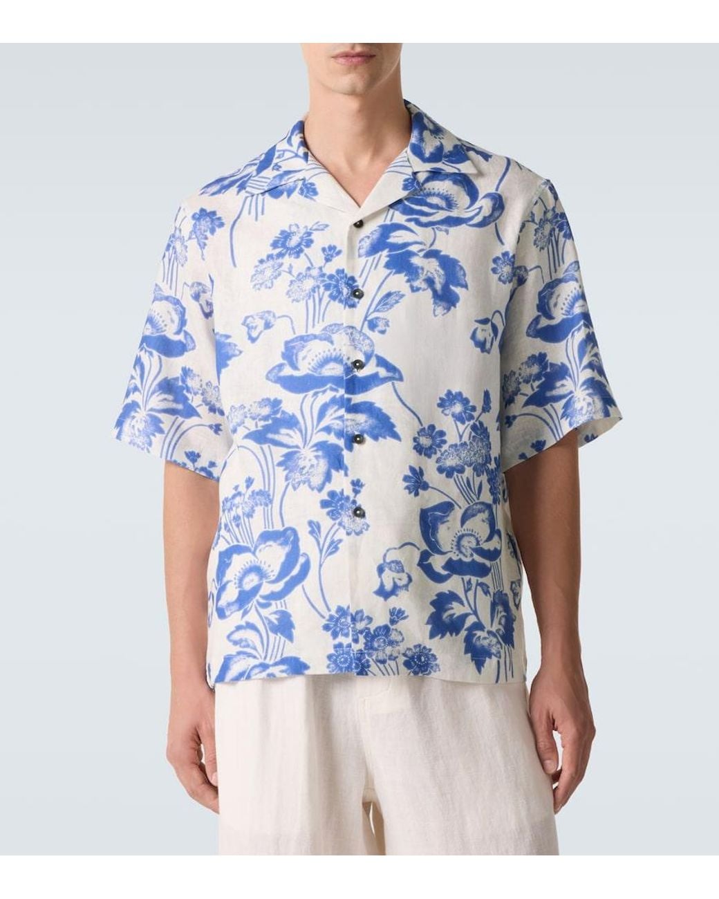 Commas Blue Floral Linen Bowling Shirt for men