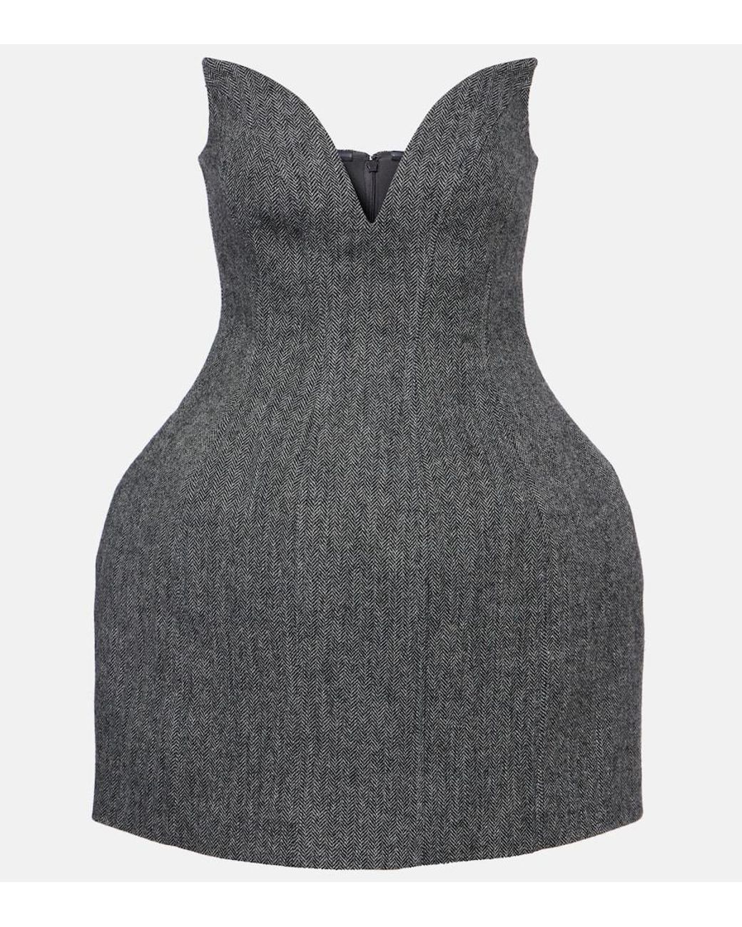 Self-Portrait Black Herringbone Wool-Blend Bustier Dress
