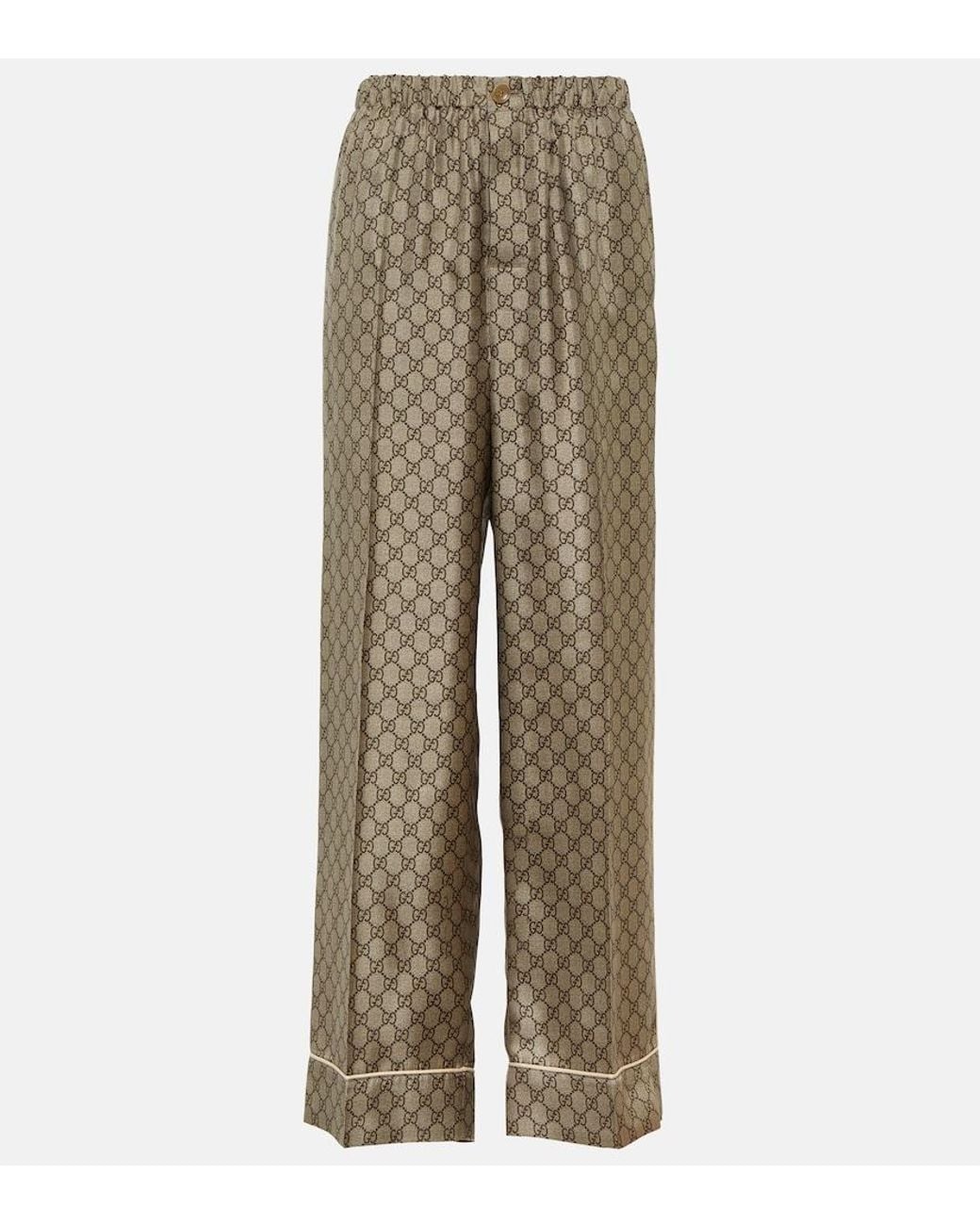 Gucci Natural Gg Supreme Printed Silk Twill Wide Pants