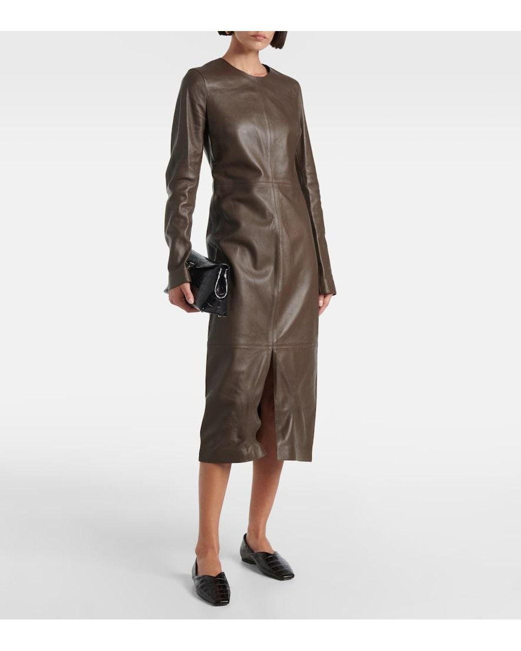 Totême Brown Paneled Leather Midi Dress