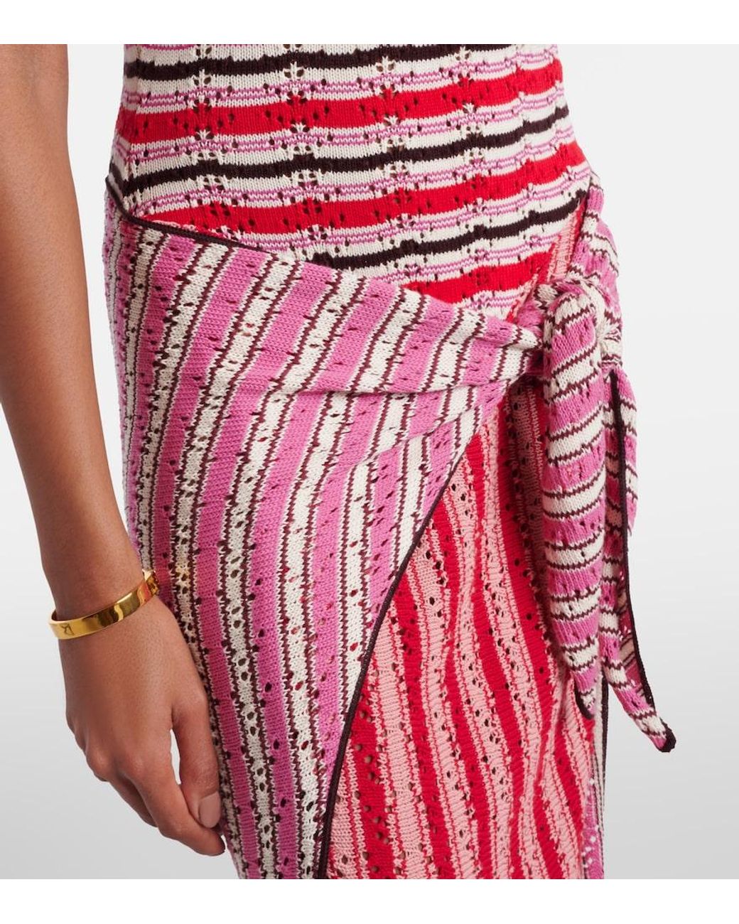 The Attico Red Striped Crochet Cotton Midi Dress