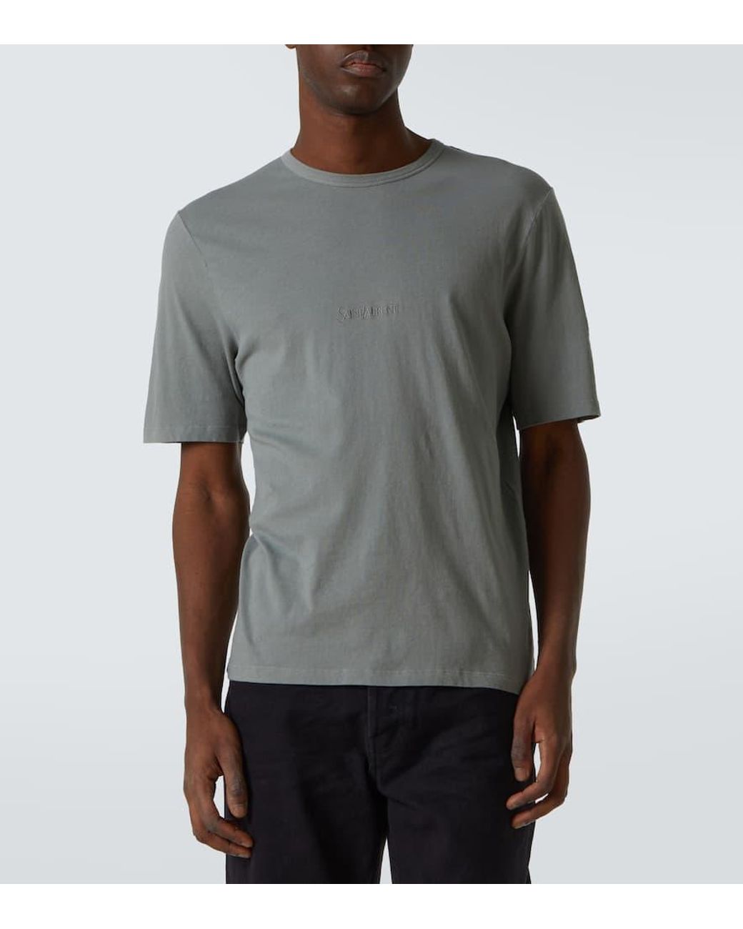 Saint Laurent Gray T-Shirt With Round Neck And Logo Lettering Embroidery On The Front for men