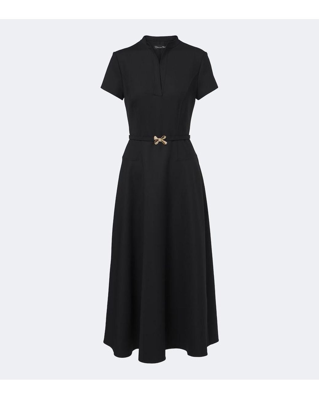 Oscar de la Renta Black Belted Embellished Wool-Blend Midi Dress