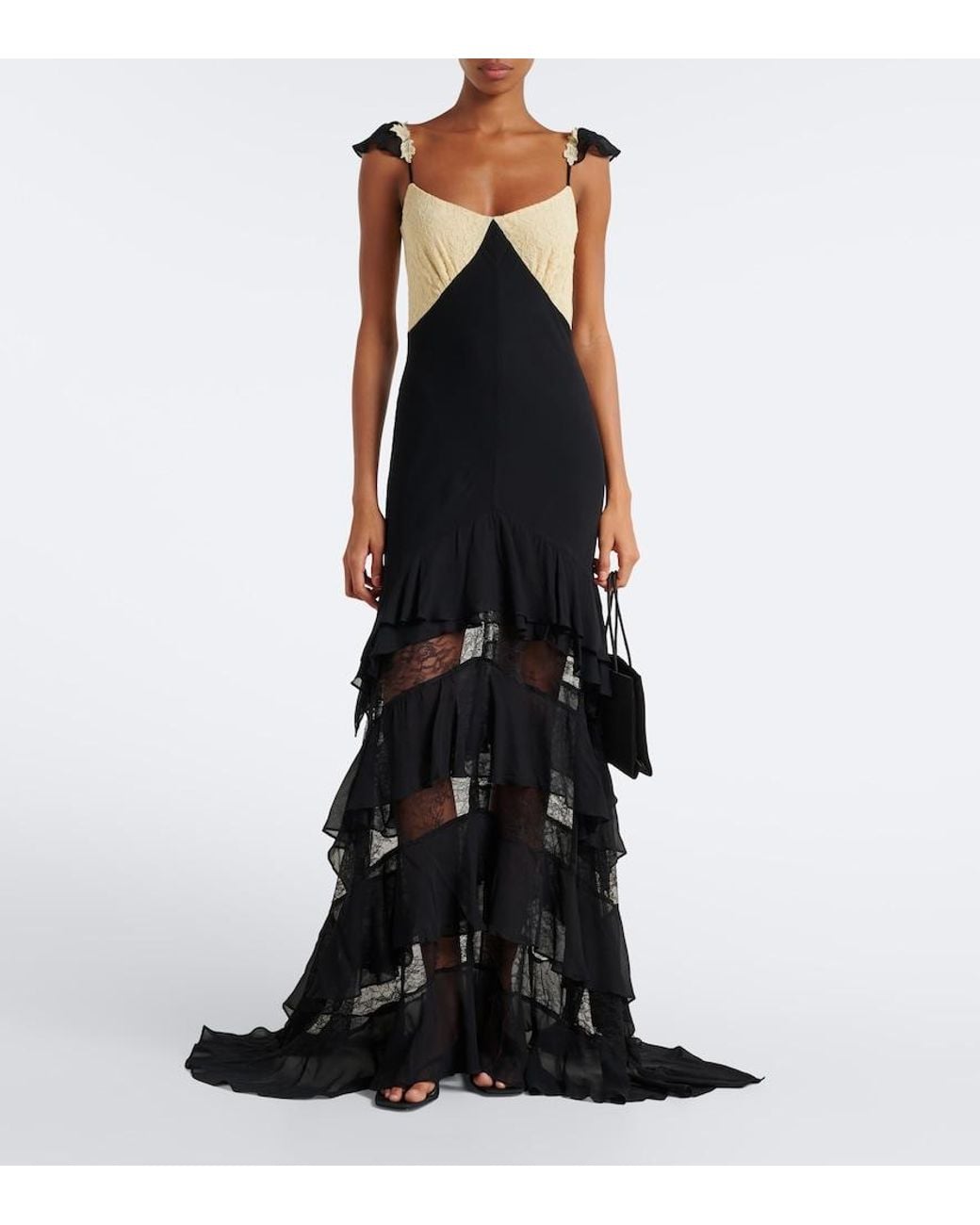 De La Vali Black Auralite Lace-Paneled Tiered Gown