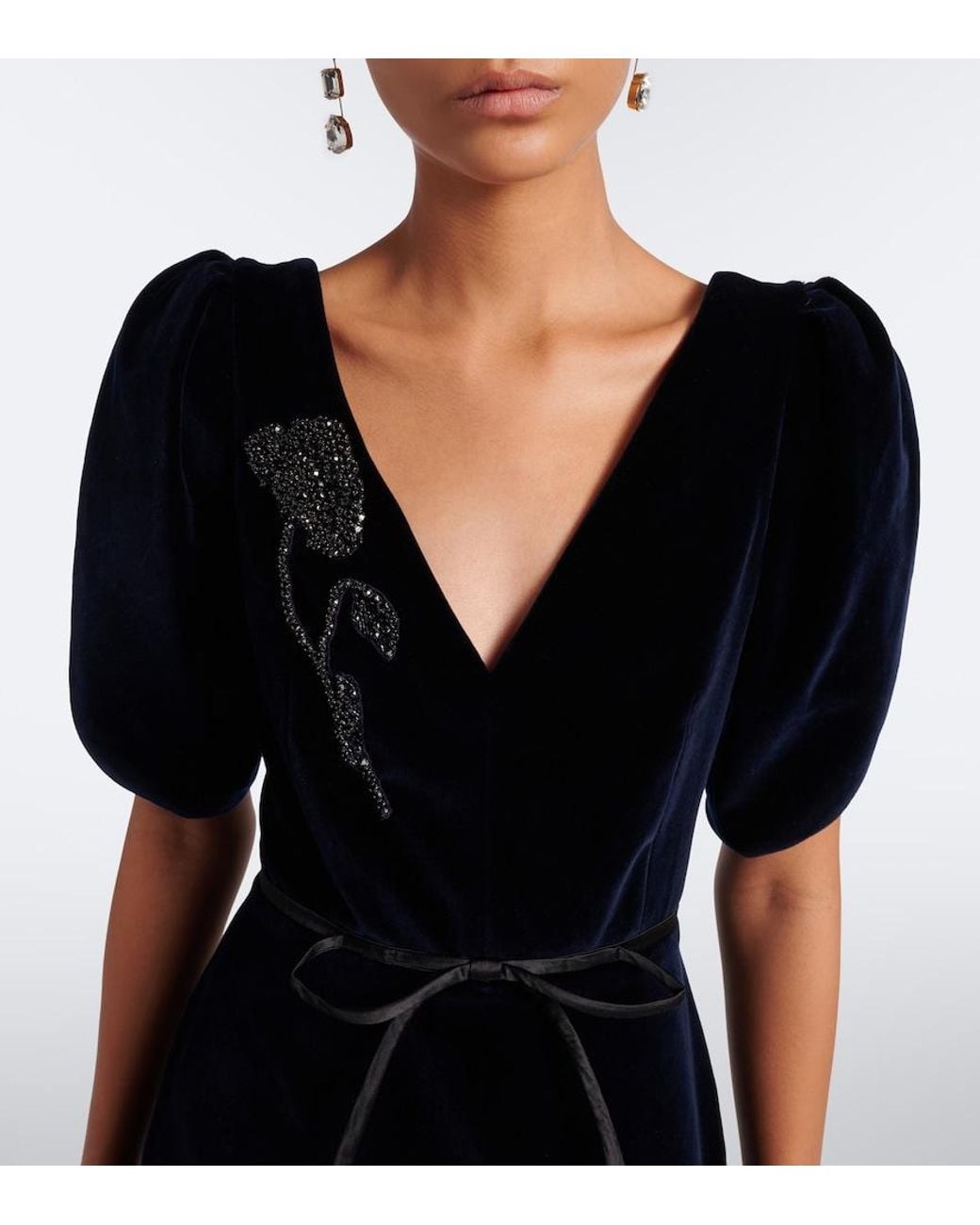 Erdem Blue Embellished Cotton Velvet Midi Dress