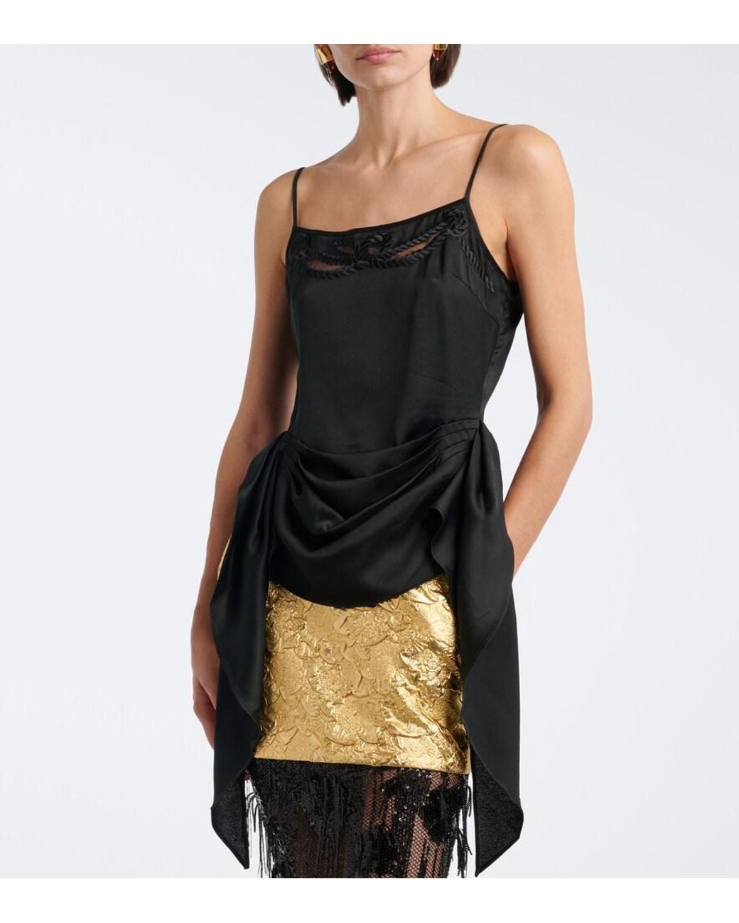 JACQUES WEI Black Embroidered Draped Satin Camisole