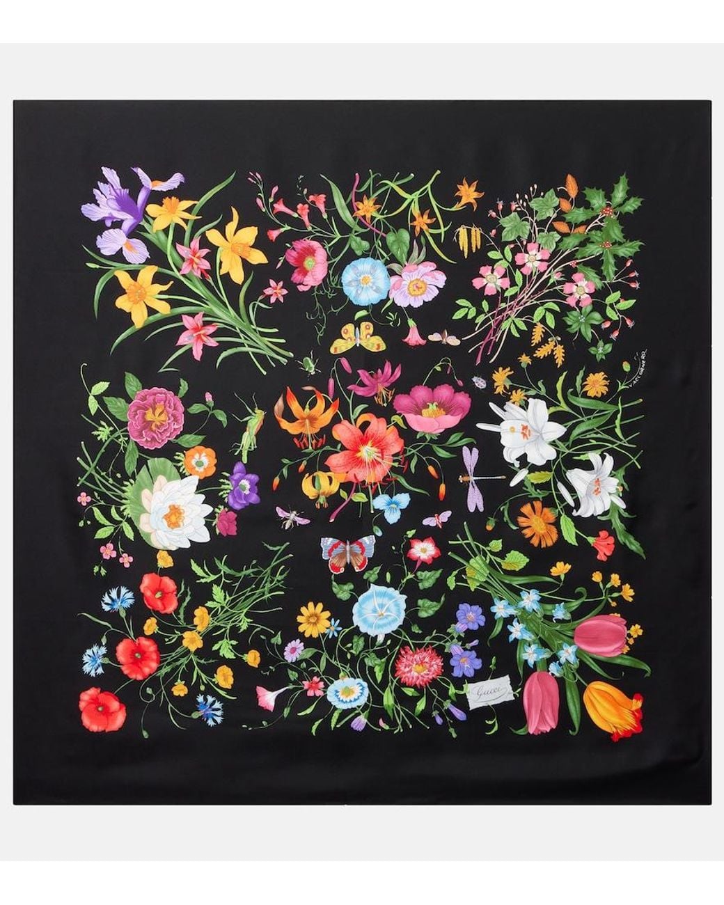 Gucci Black Flora Silk Twill Scarf