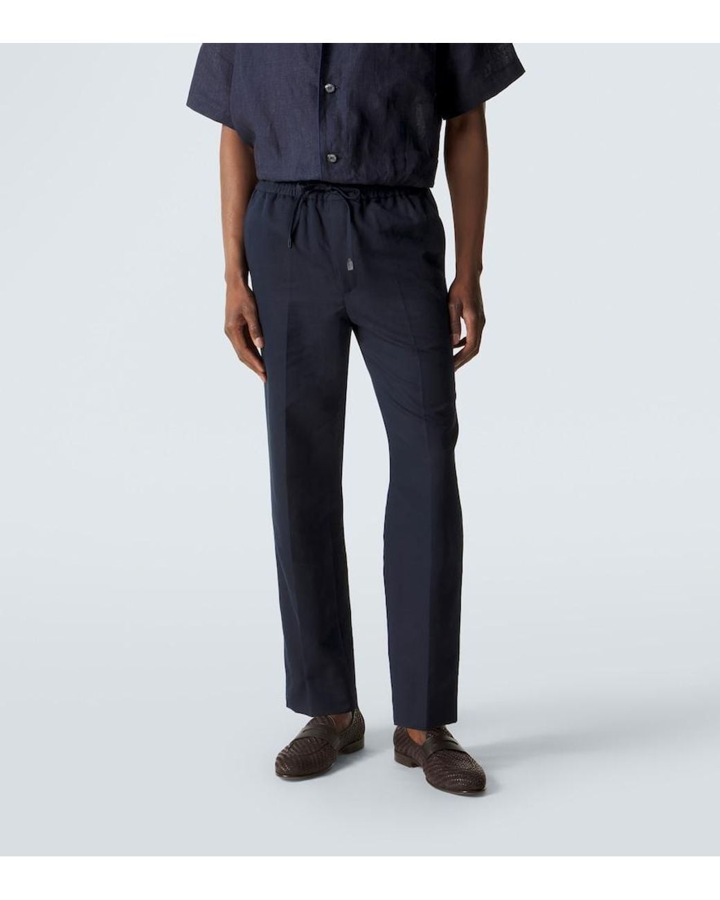 Brioni Blue Asolo Linen And Cotton Straight Pants for men