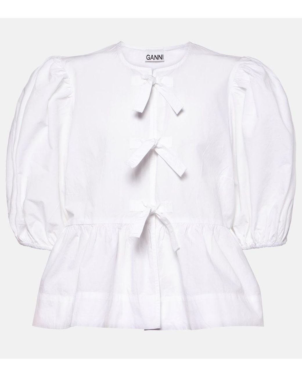 Ganni White Bow-Detail Cotton Poplin Blouse