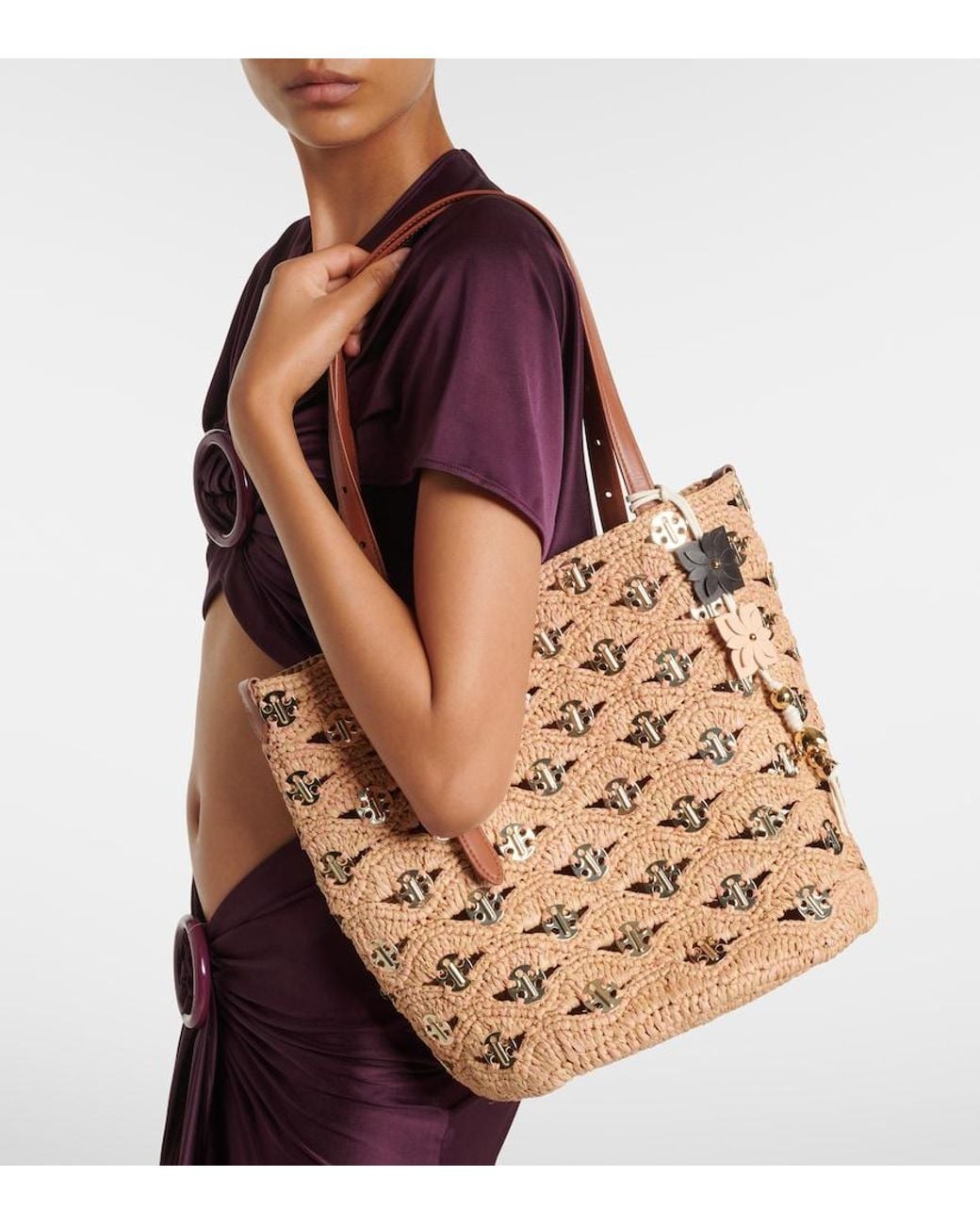 Rabanne Brown Small Embellished Raffia Tote Bag