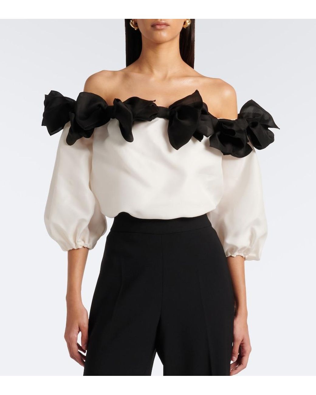 Carolina Herrera Black Bow-Detail Off-Shoulder Silk Top