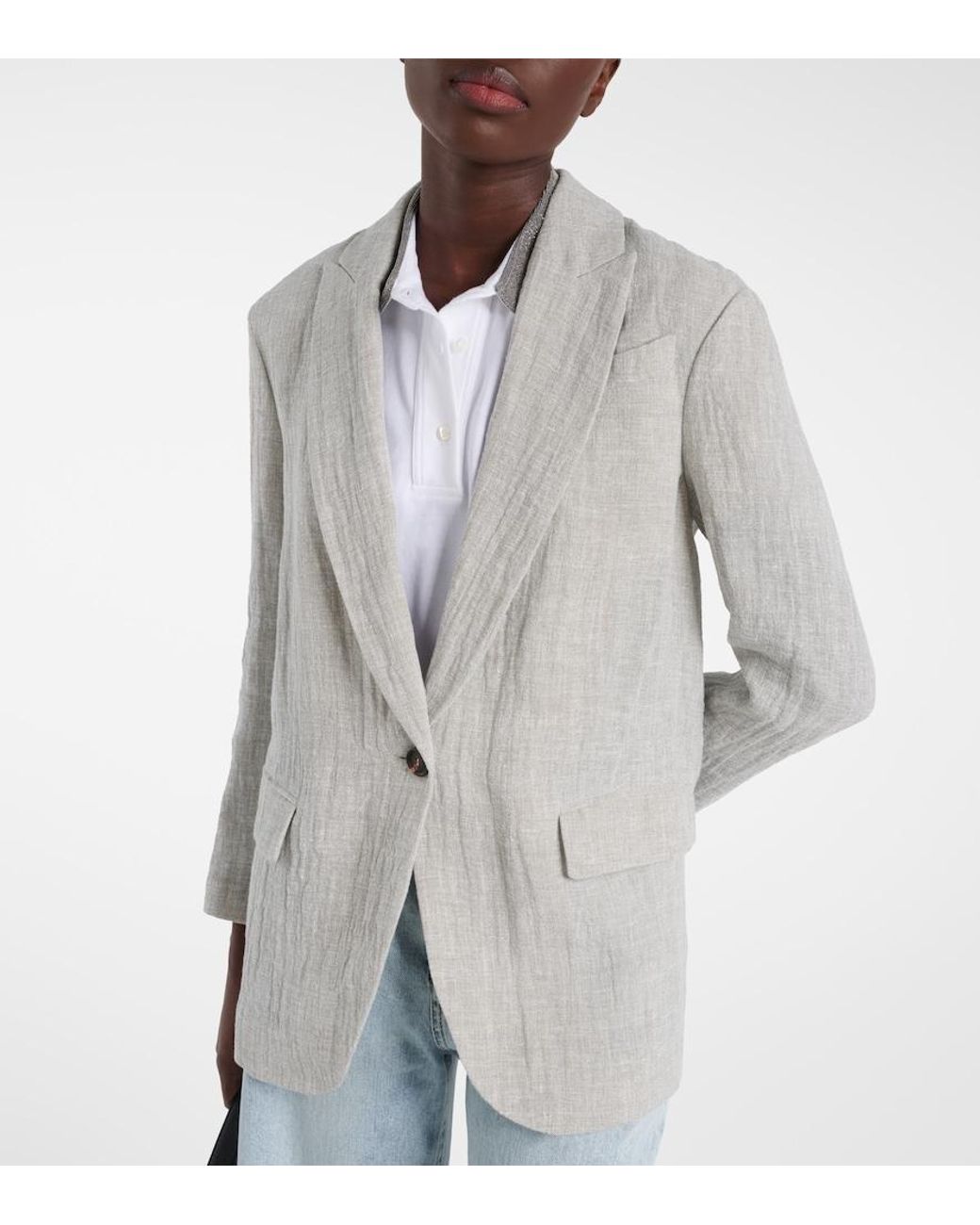 Brunello Cucinelli Gray Oversized V-Neck Linen-Blend Blazer