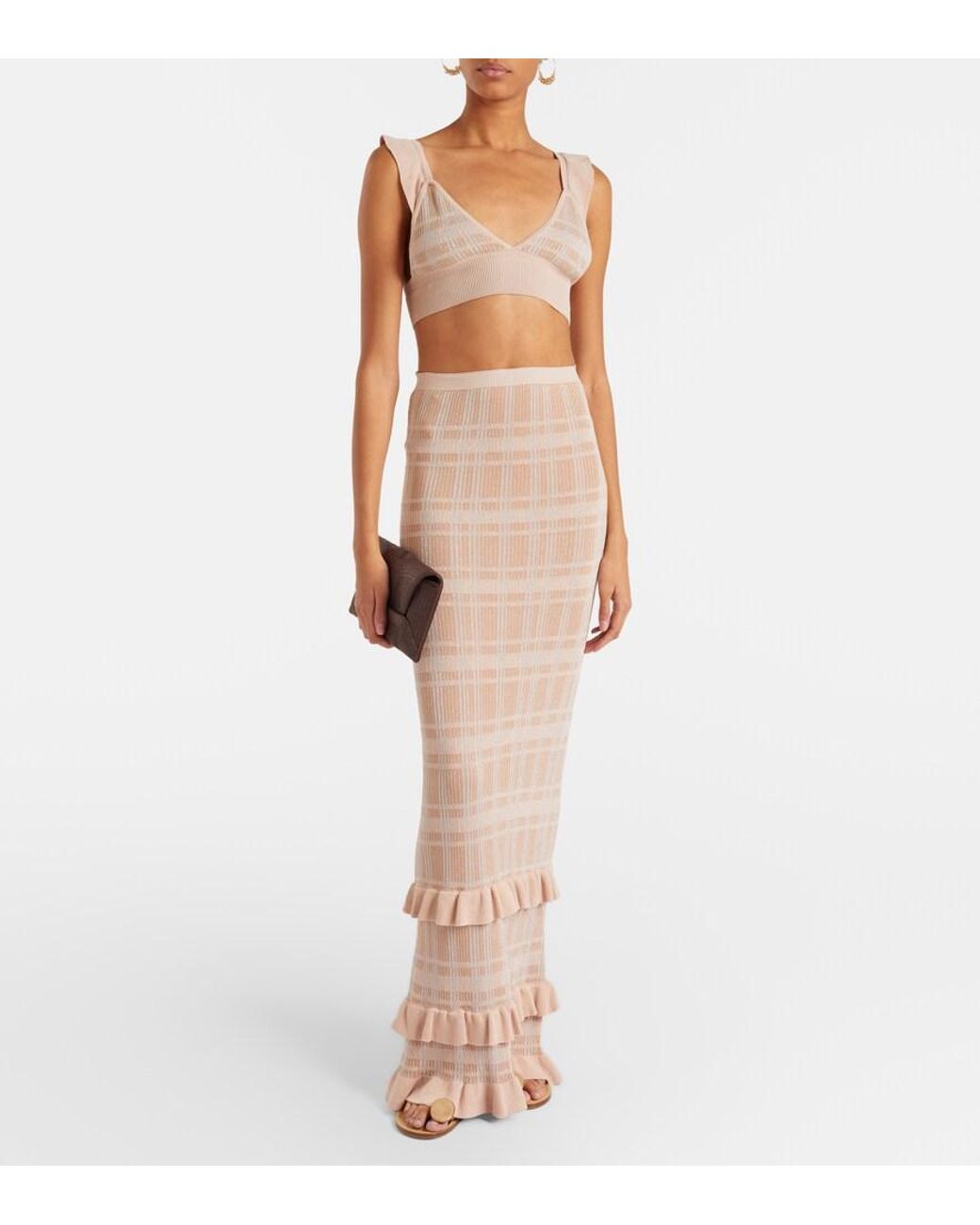 Bananhot Natural Petra Checked Ribbed-Knit Ruffled Pencil Skirt