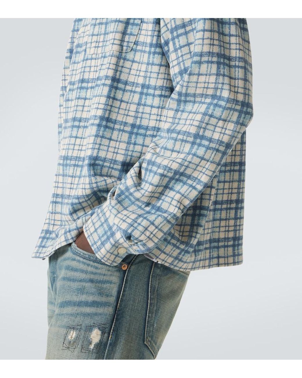 RRL Blue Plaid Cotton And Linen Jersey Shirt for men