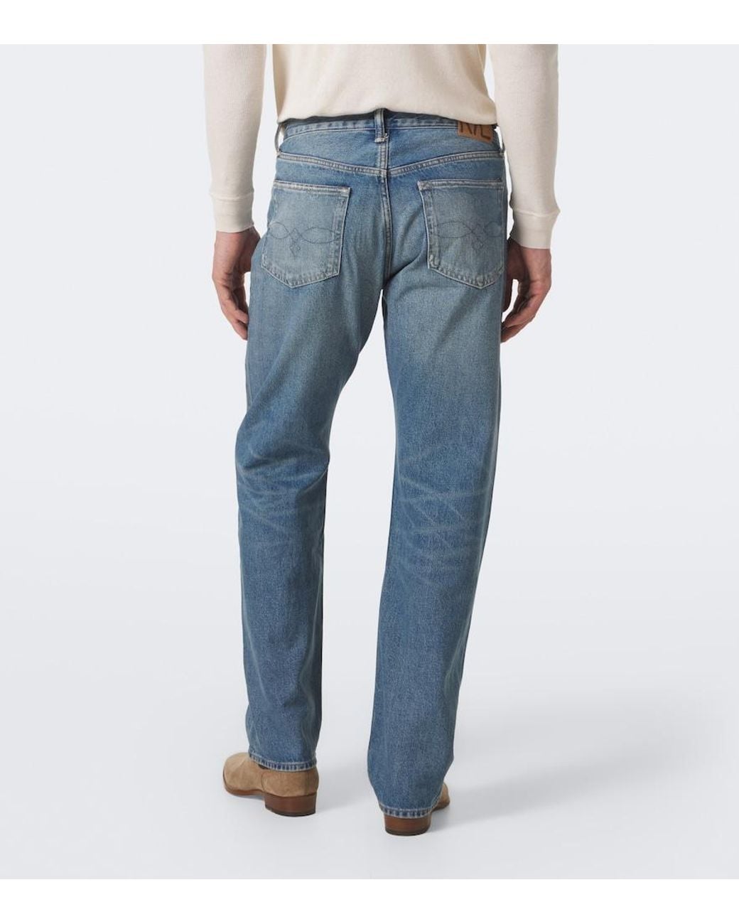 RRL Blue Distressed Straight Jeans for men