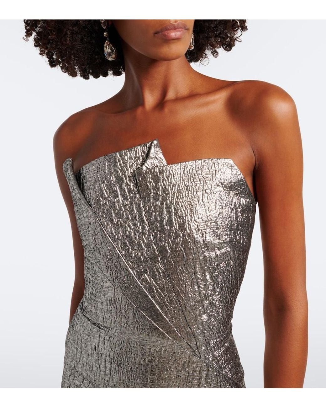 Roland Mouret Gray Pleated Lame Jacquard Bustier Gown