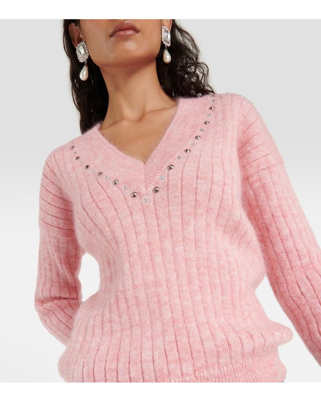 Alessandra Rich Pink Embellished Wool-Blend Sweater