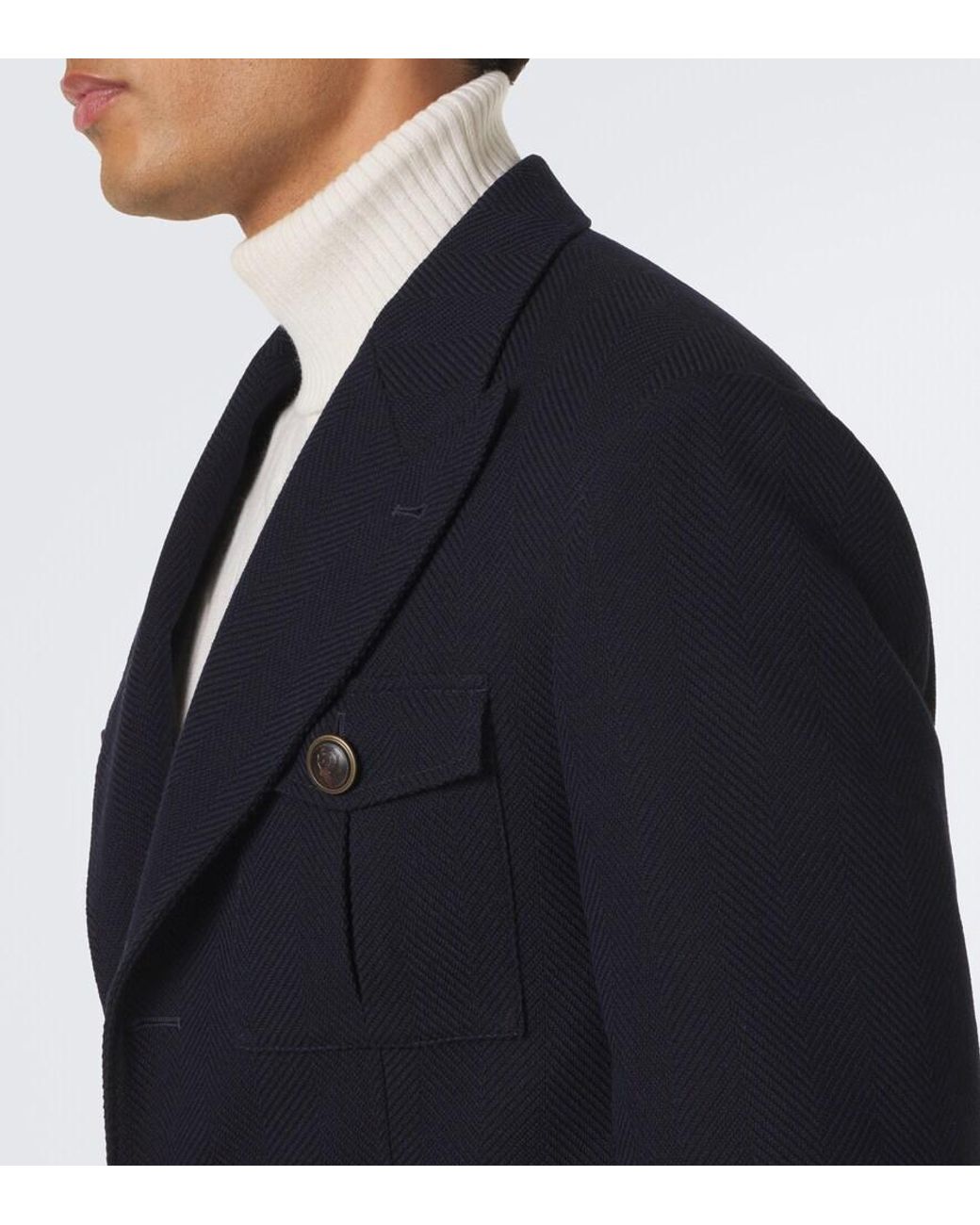 Brunello Cucinelli Blue Herringbone Layered Wool And Cotton Jacket for men
