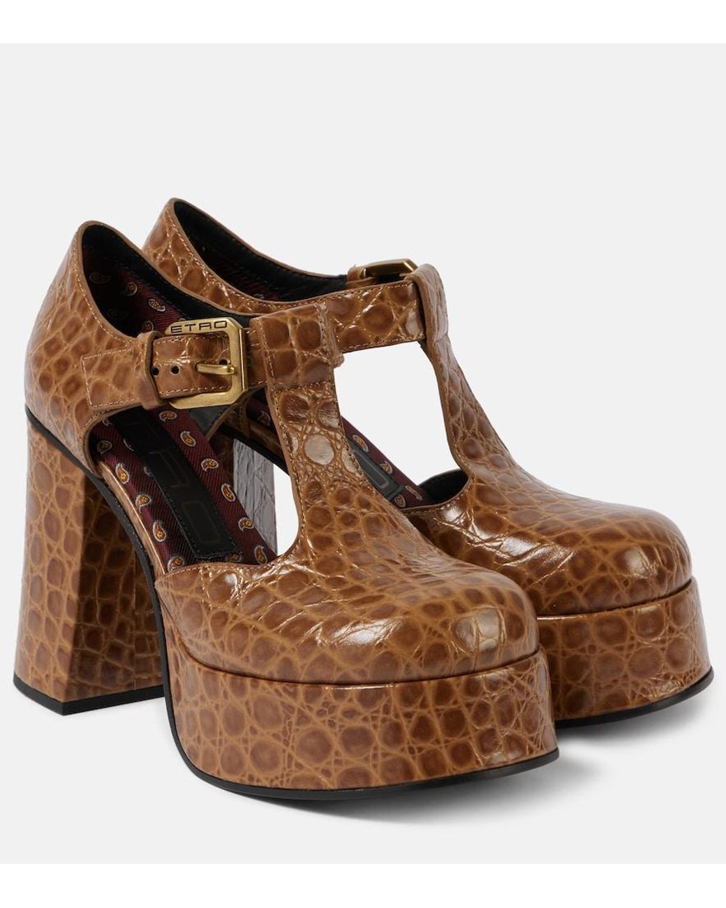 Etro Brown Croc-Effect Leather Mary Jane Pumps