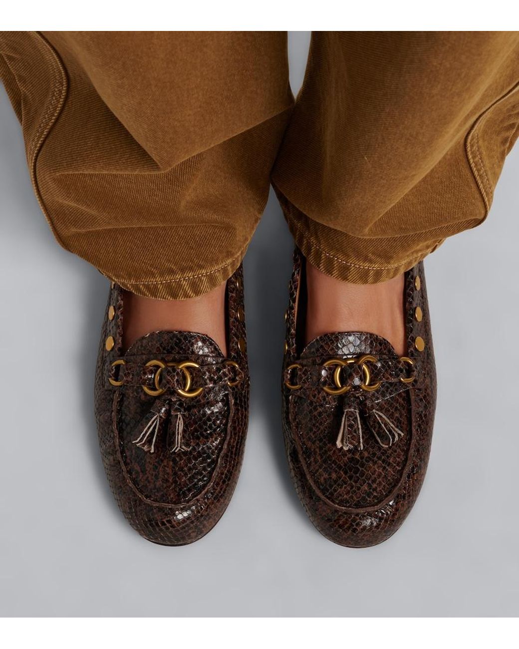 Isabel Marant Brown Faxel Snake-Effect Studded Leather Loafers
