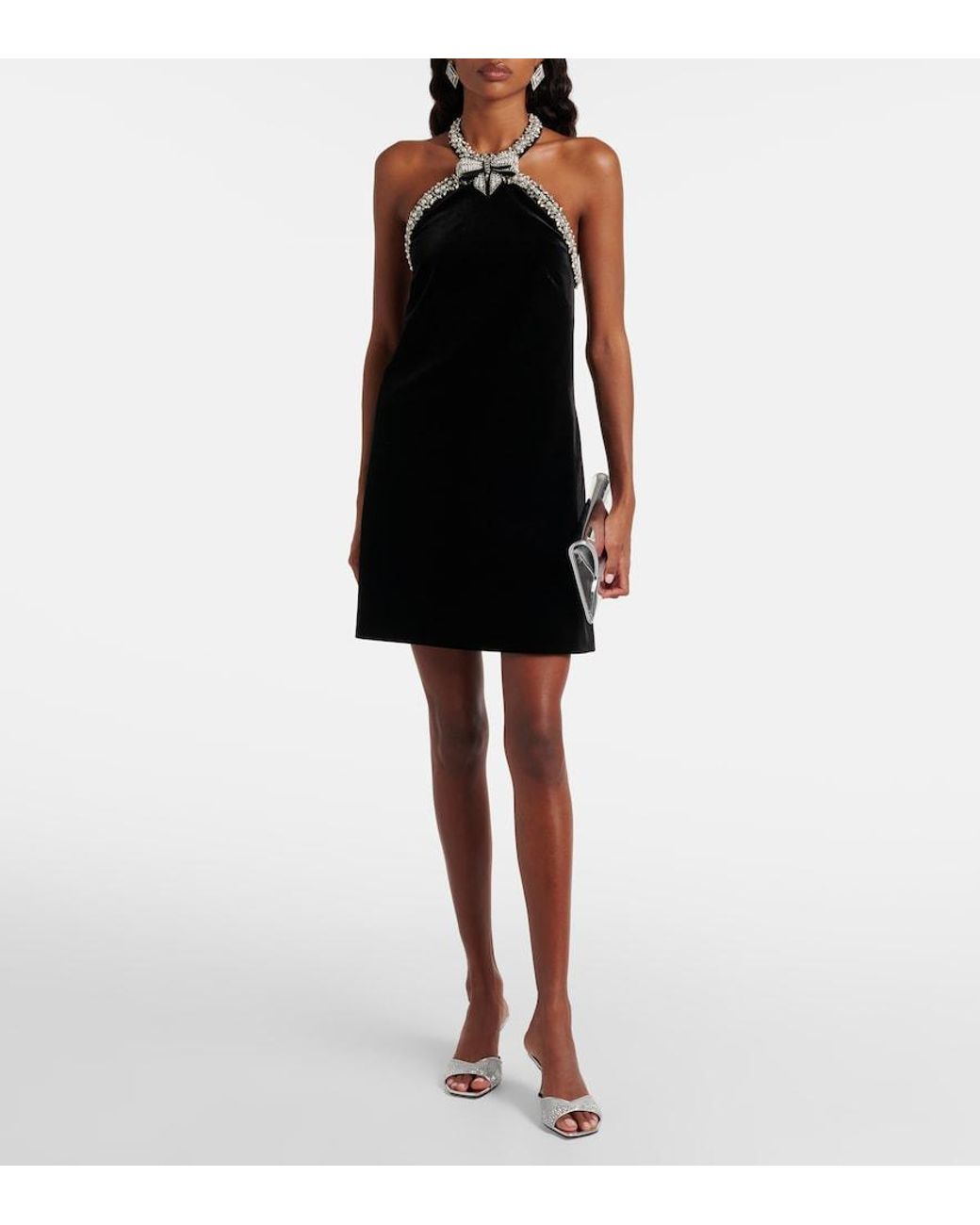 Self-Portrait Black Crystal-Embellished Velvet Minidress