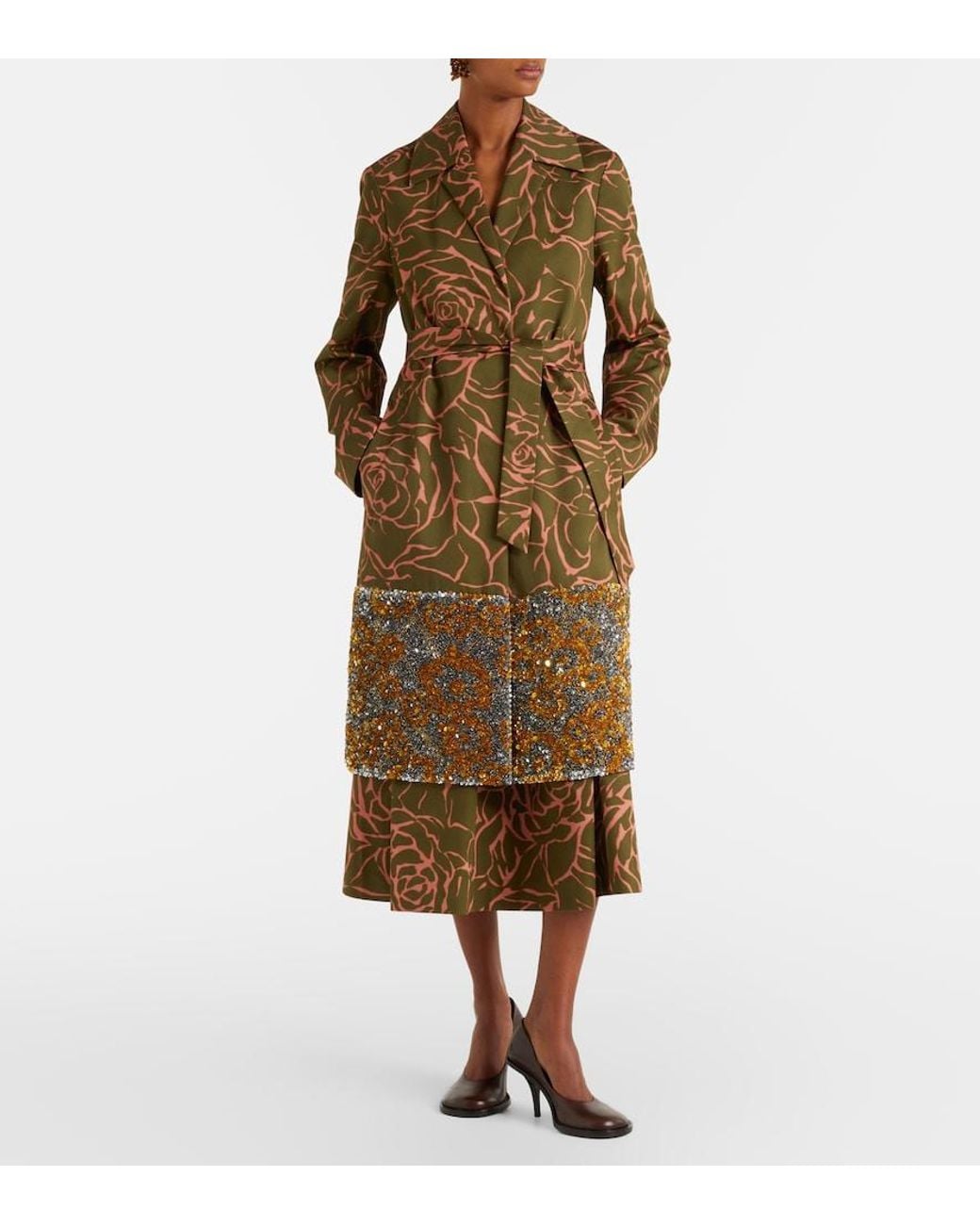 Dries Van Noten Brown Floral Sequined Cotton Wrap Coat