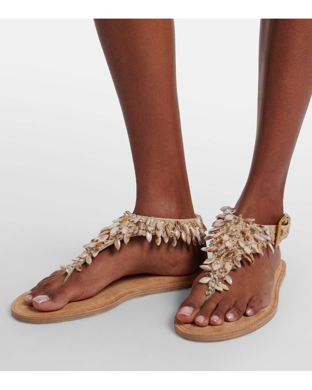Balmain Natural Embellished Suede Thong Sandals