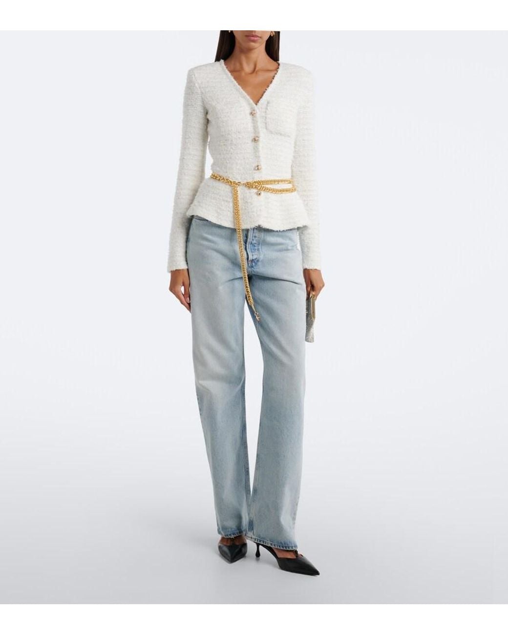 Self-Portrait White Belted Boucle Cardigan