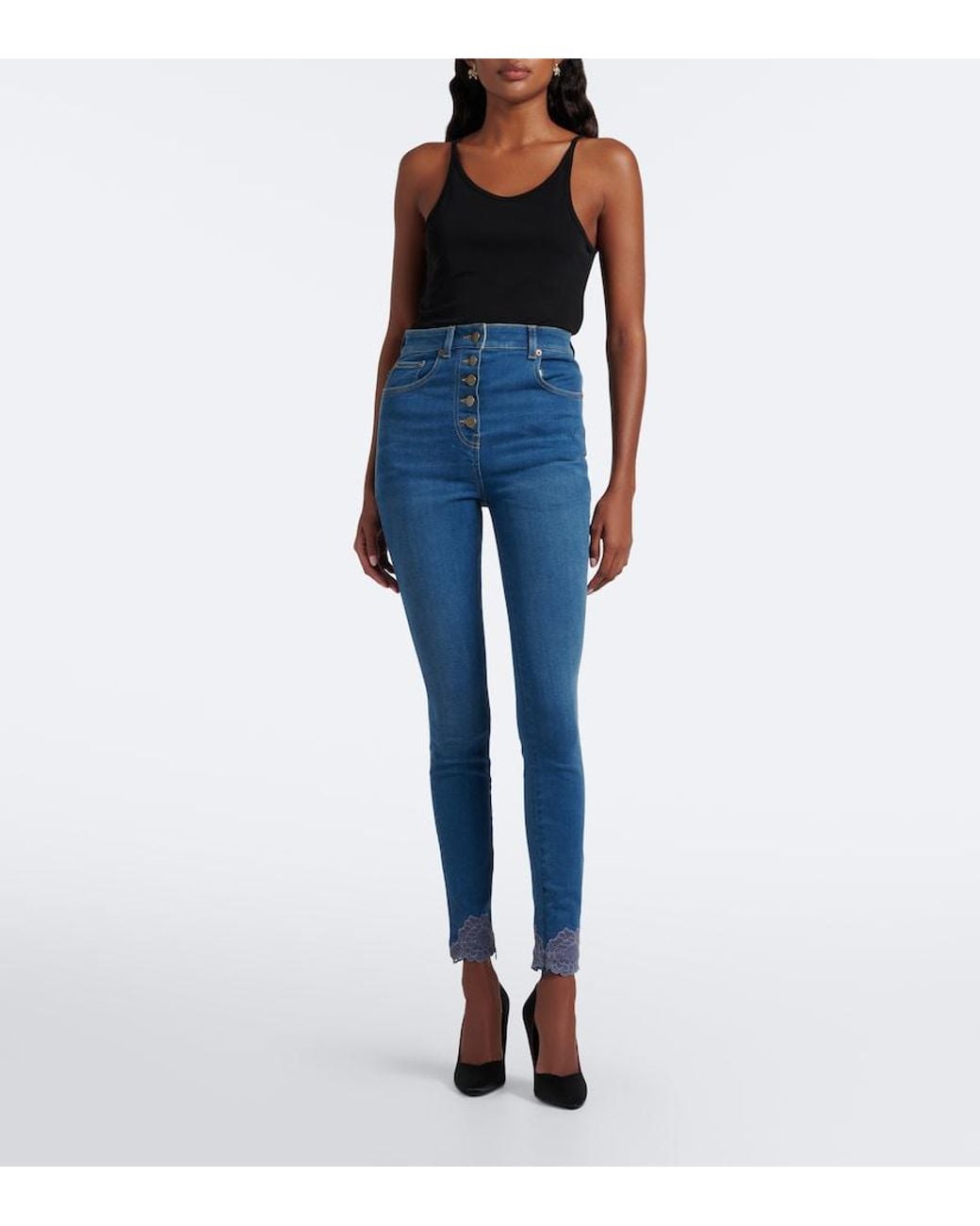 Valentino Garavani Blue Lace-Trimmed Skinny Jeans