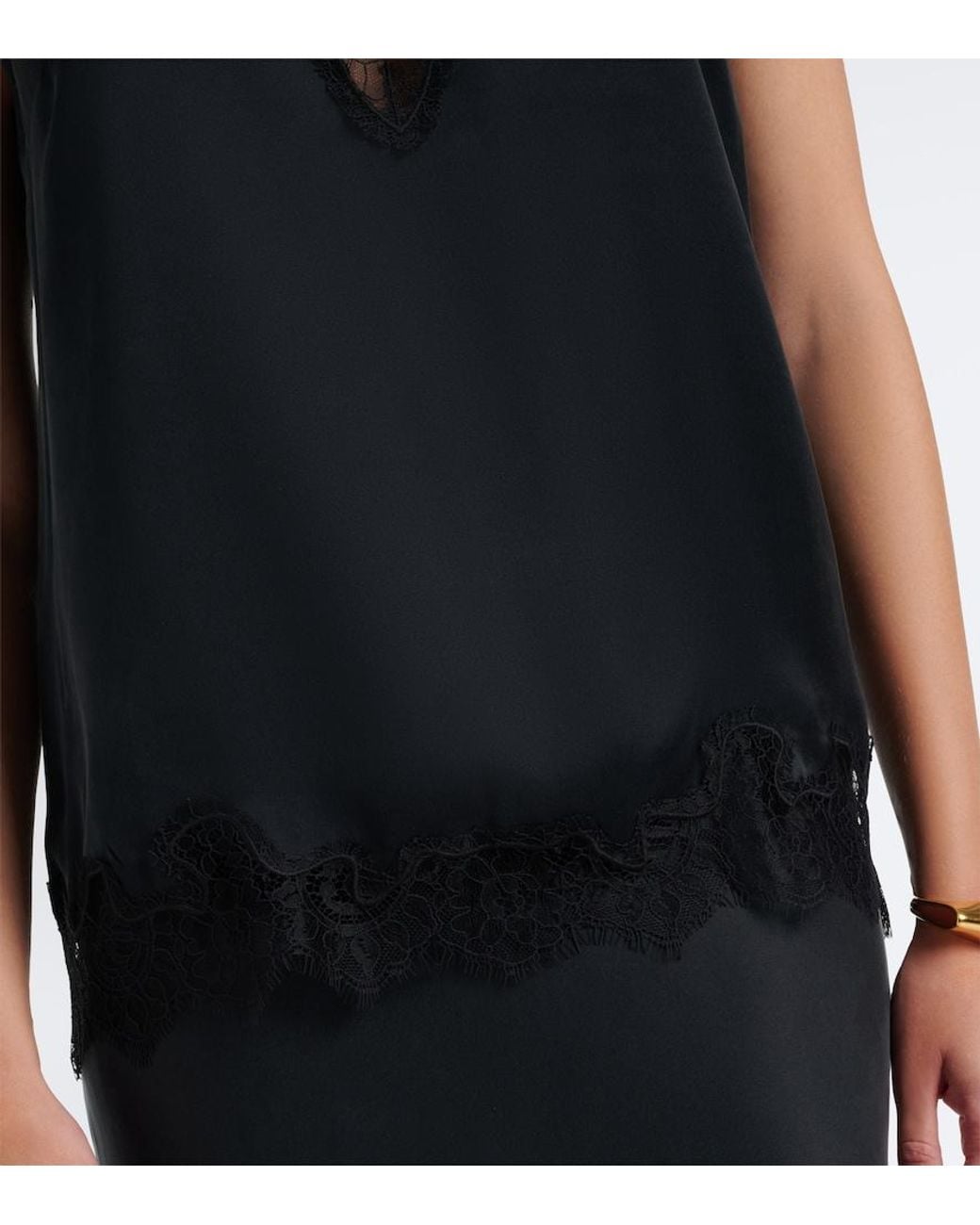 Velvet Black Lace-Trimmed Silk Satin Top