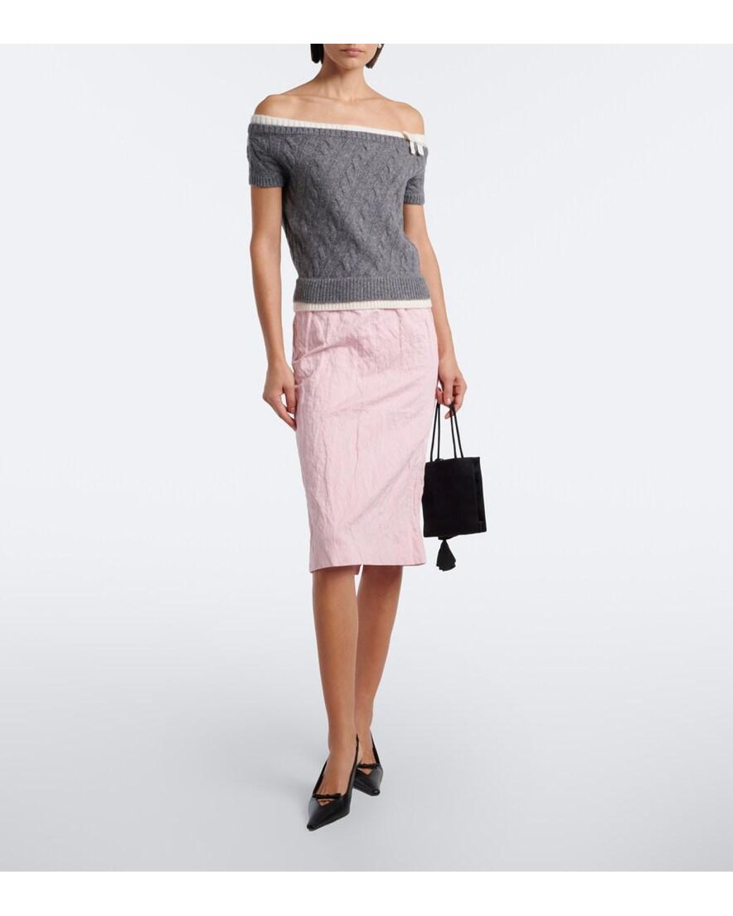 ShuShu/Tong Gray Cable-Knit Off-Shoulder Wool-Blend Sweater