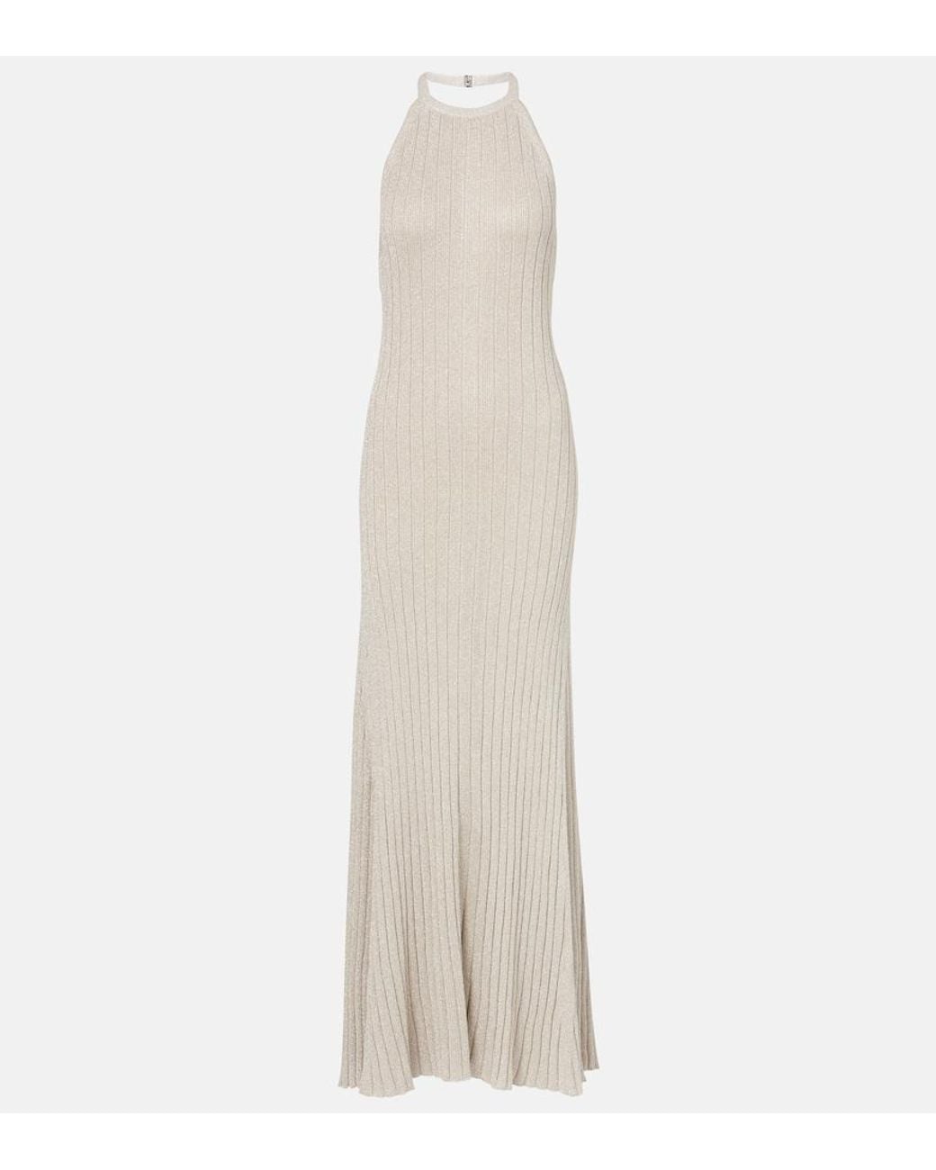 Tom Ford White Ribbed-Knit Halterneck Lame Maxi Dress
