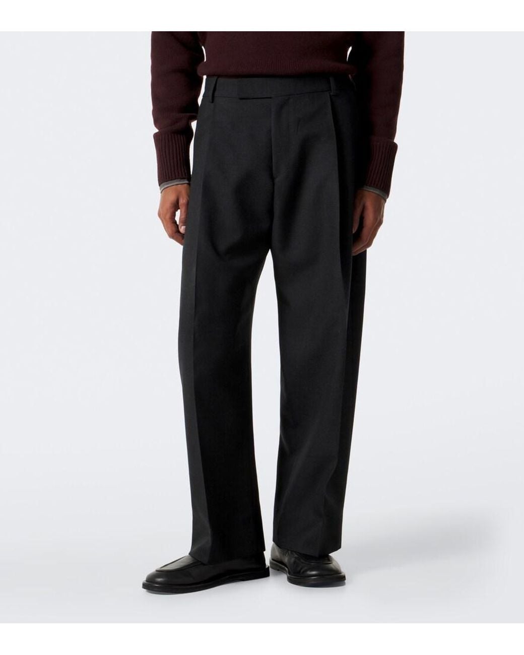 Studio Nicholson Black Pull Pleated Wool Wide-Leg Pants for men