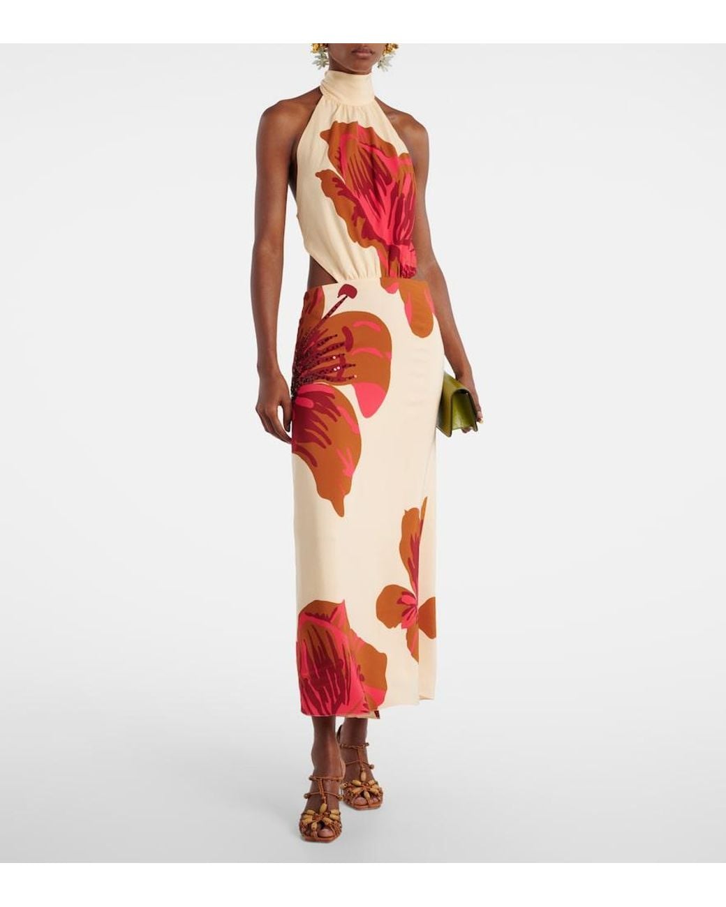 Johanna Ortiz Red Floral Halterneck Silk Crepe Maxi Dress