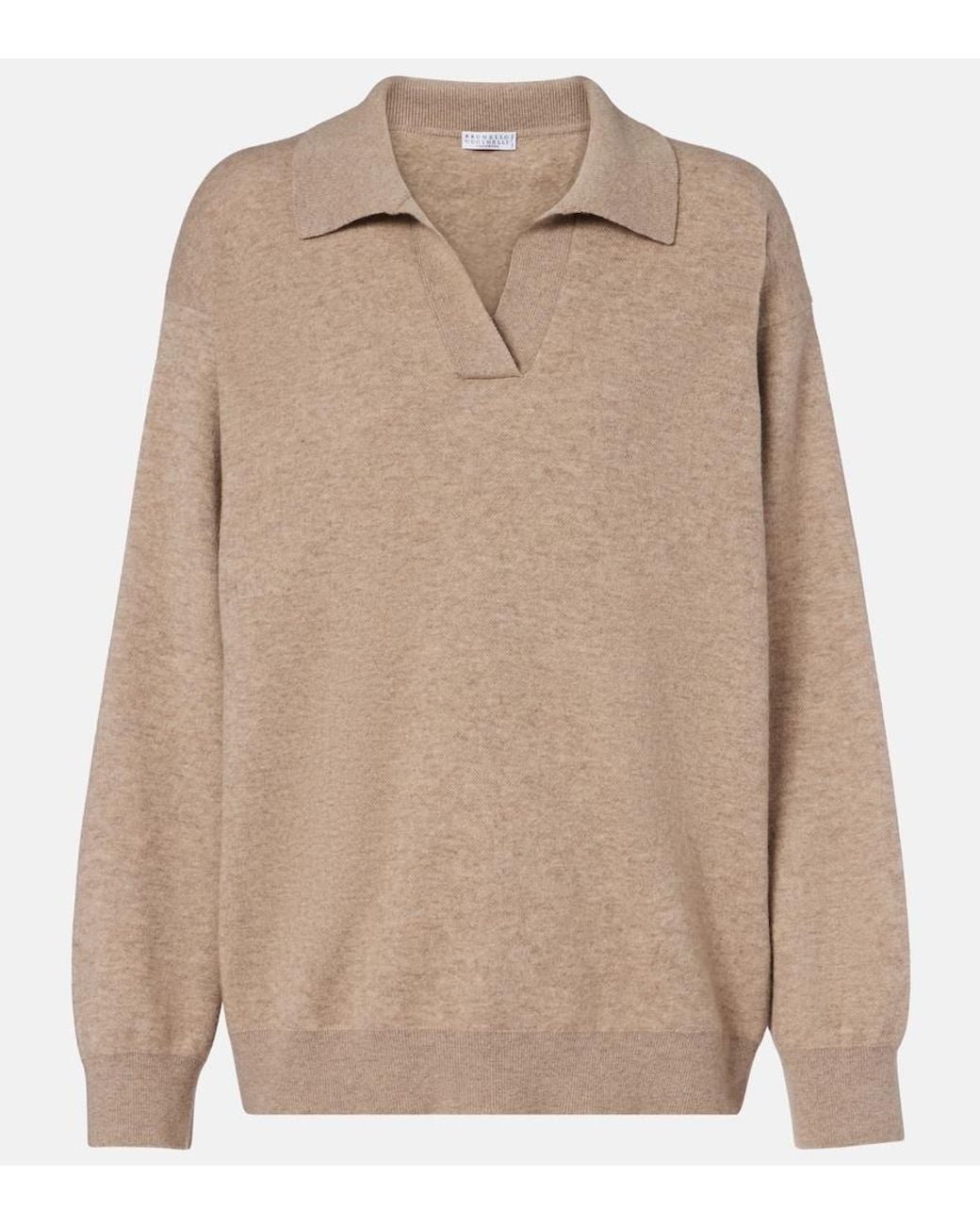 Brunello Cucinelli Natural Monili Cashmere-Blend Polo Sweater
