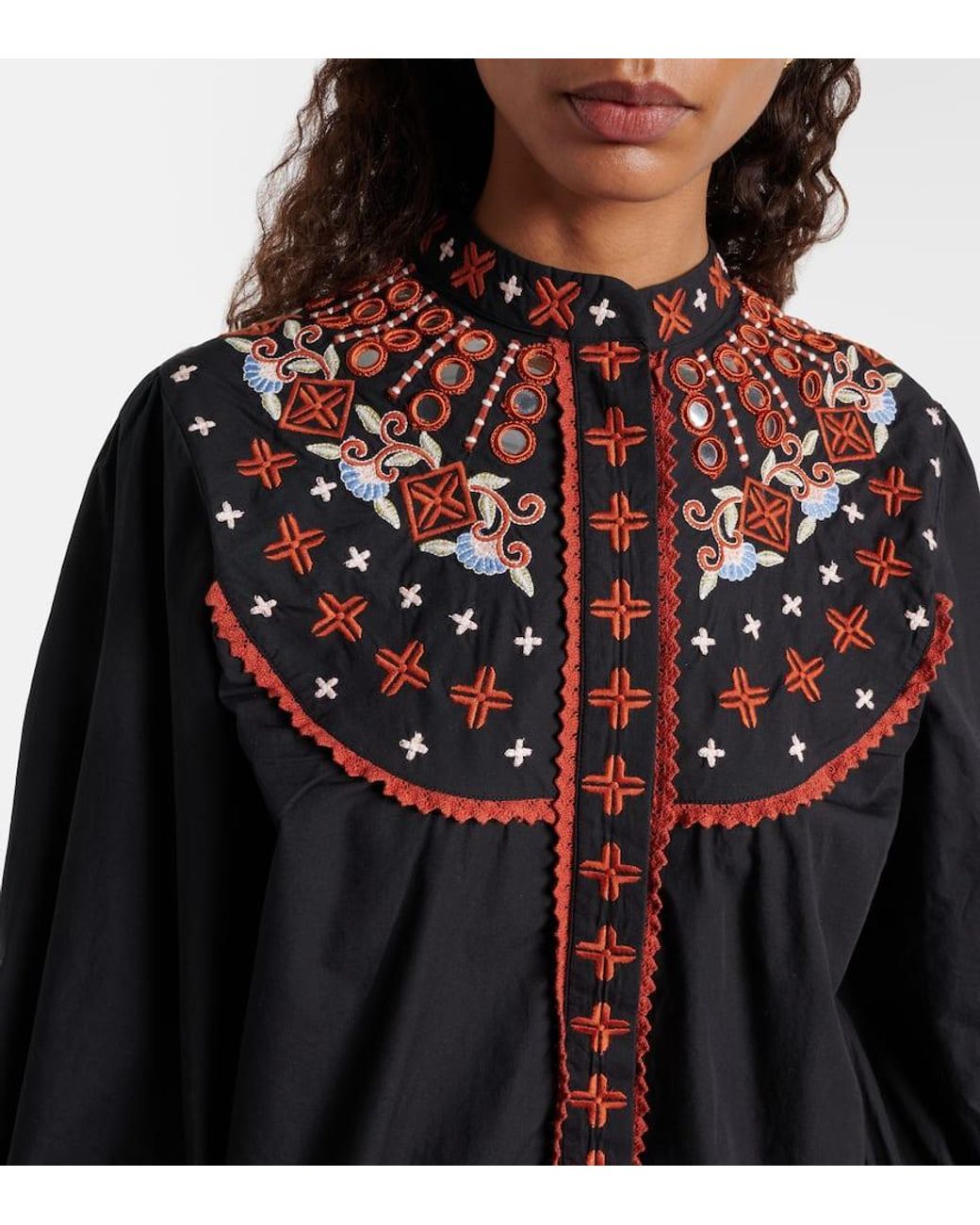 Farm Rio Black Embroidered Cotton Shirt
