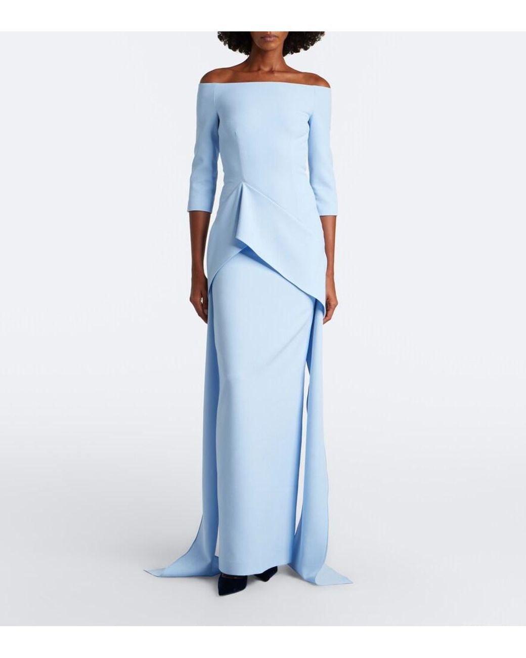 Safiyaa Blue Zetta Draped Off-Shoulder Crepe Gown