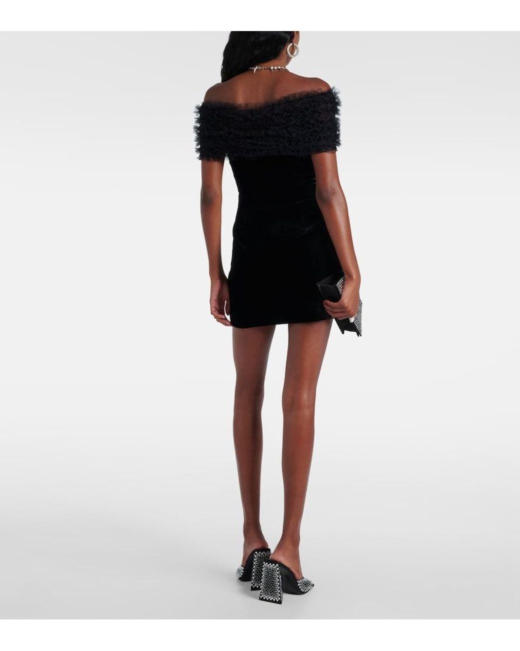 Alessandra Rich Black Off-Shoulder Velvet And Tulle Minidress