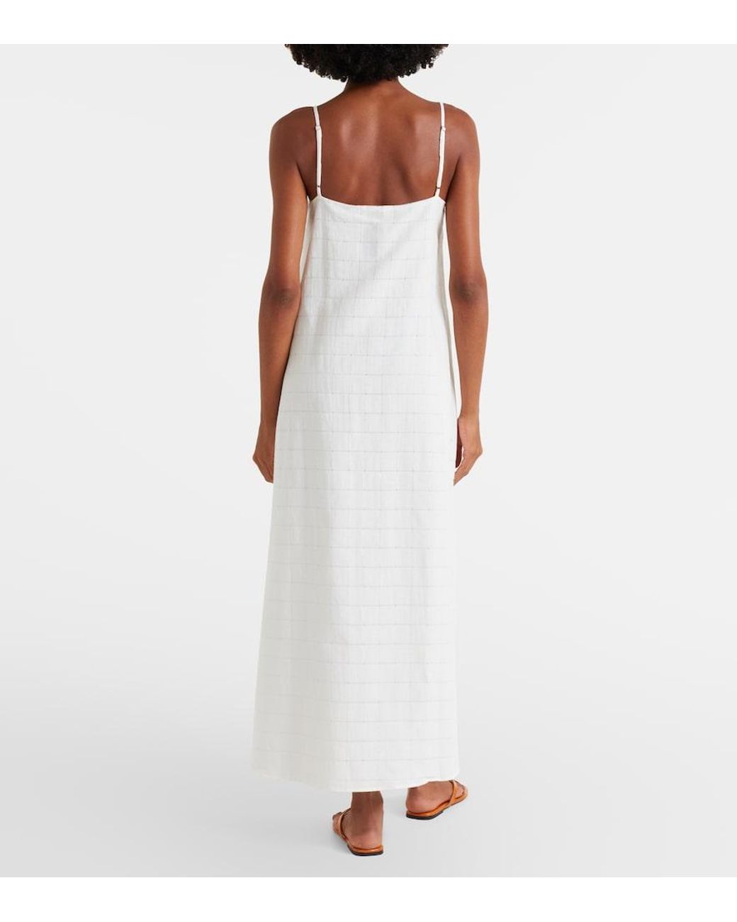 Asceno White Melfi Checked Linen And Cotton Maxi Dress