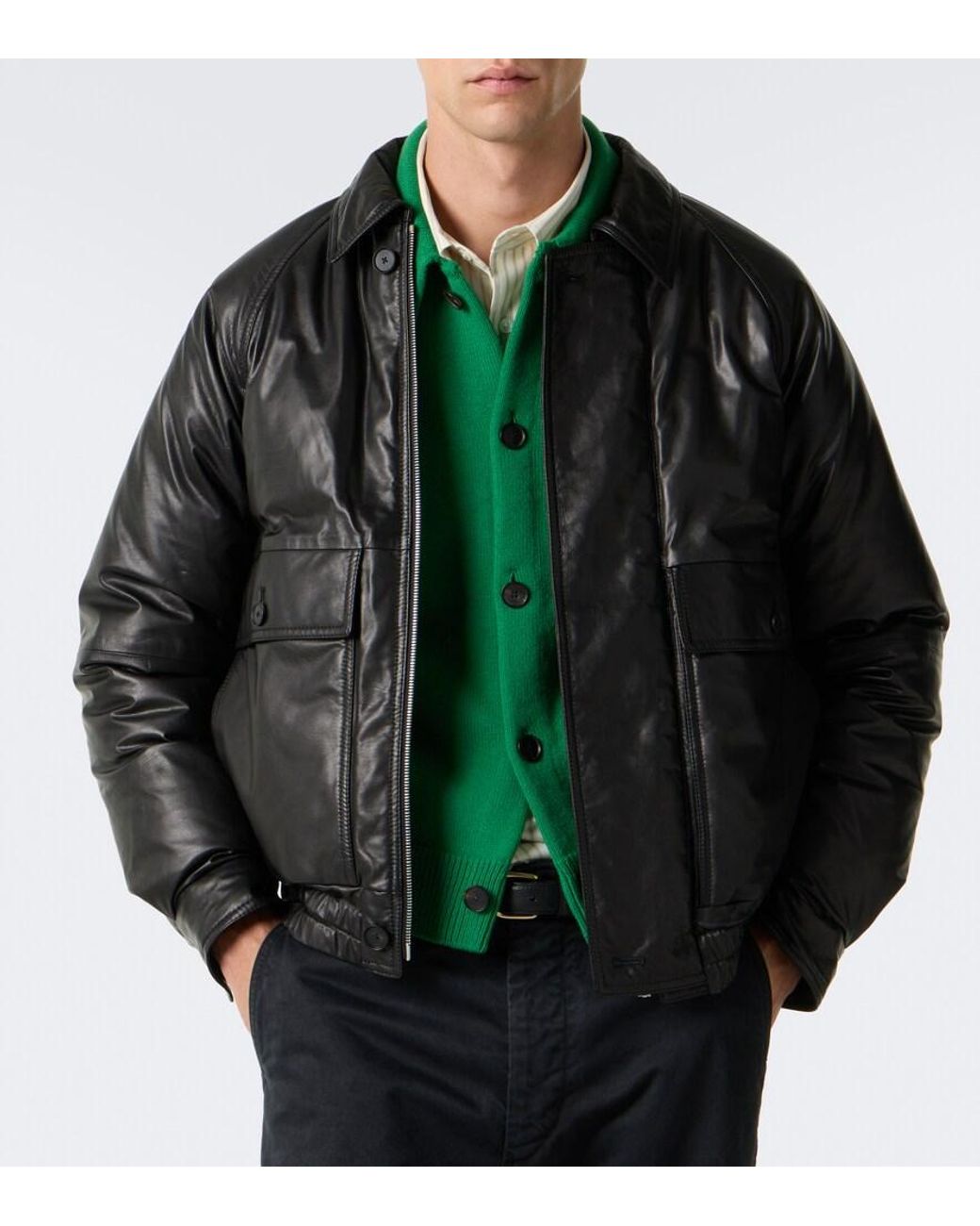 Auralee Black Leather Down Jacket for men