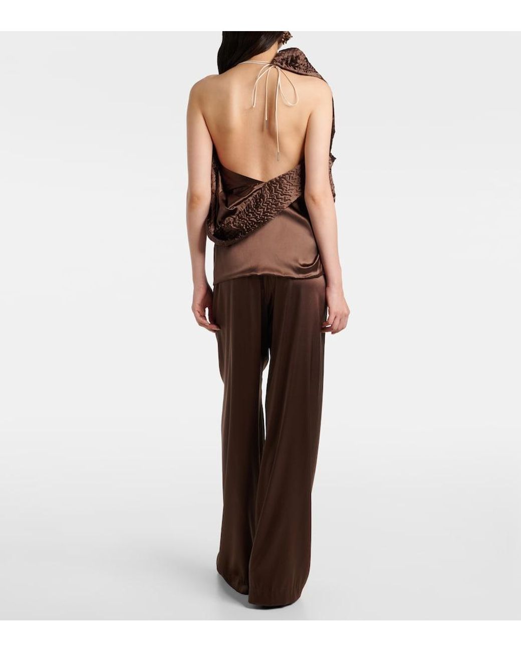 Dries Van Noten Brown Asymmetric Draped Silk-Blend Satin Top