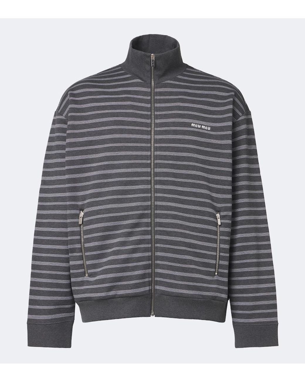 Miu Miu Gray Striped Oversized Cotton Fleece Sweatshirt for men