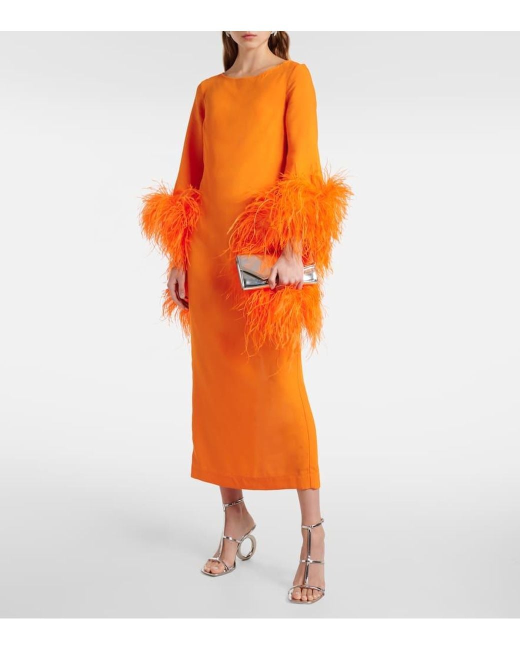 ‎Taller Marmo Orange Midikleid Del Lago Aus Cady Mit Federn