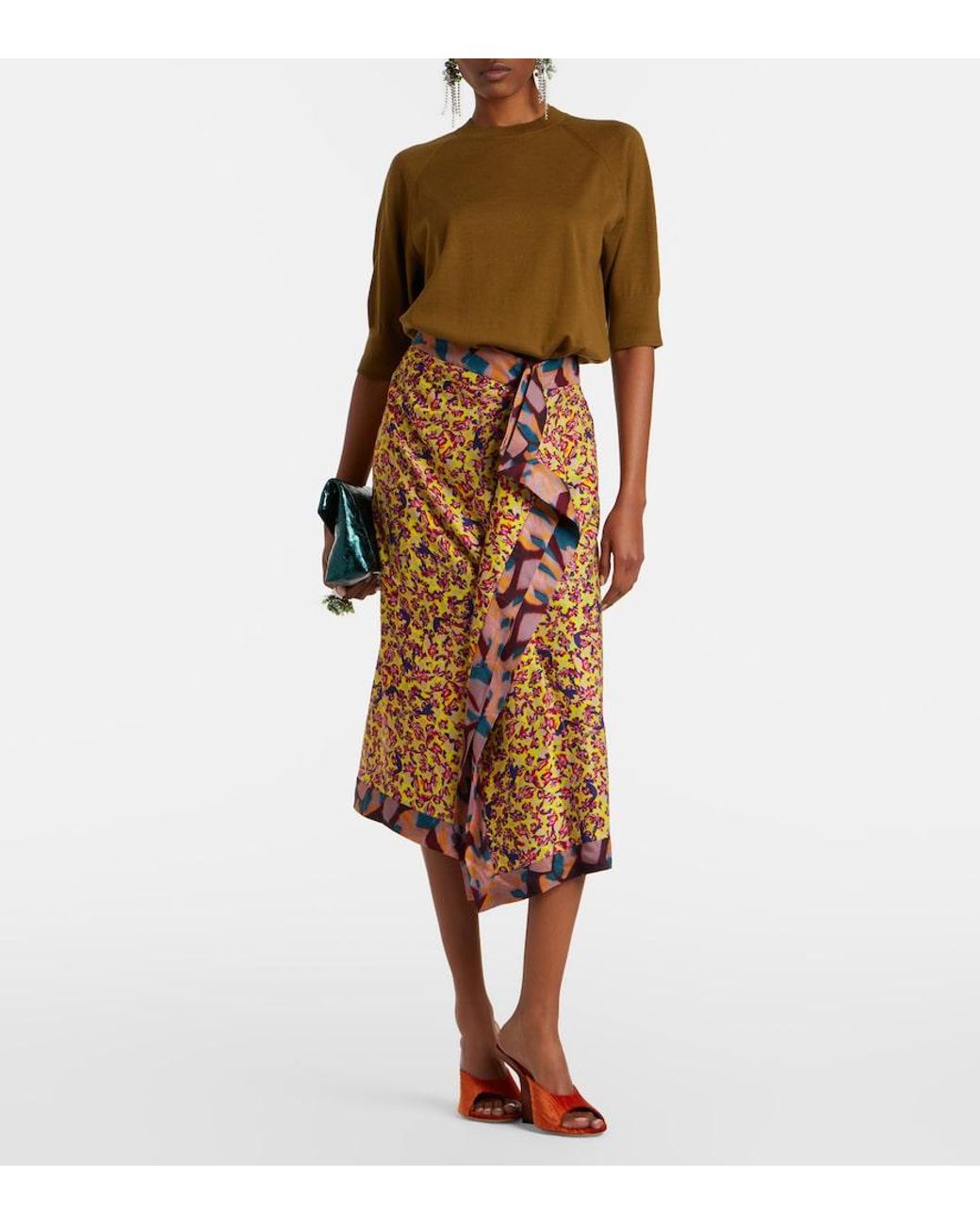 Dries Van Noten Brown Printed Ruffled Midi Skirt