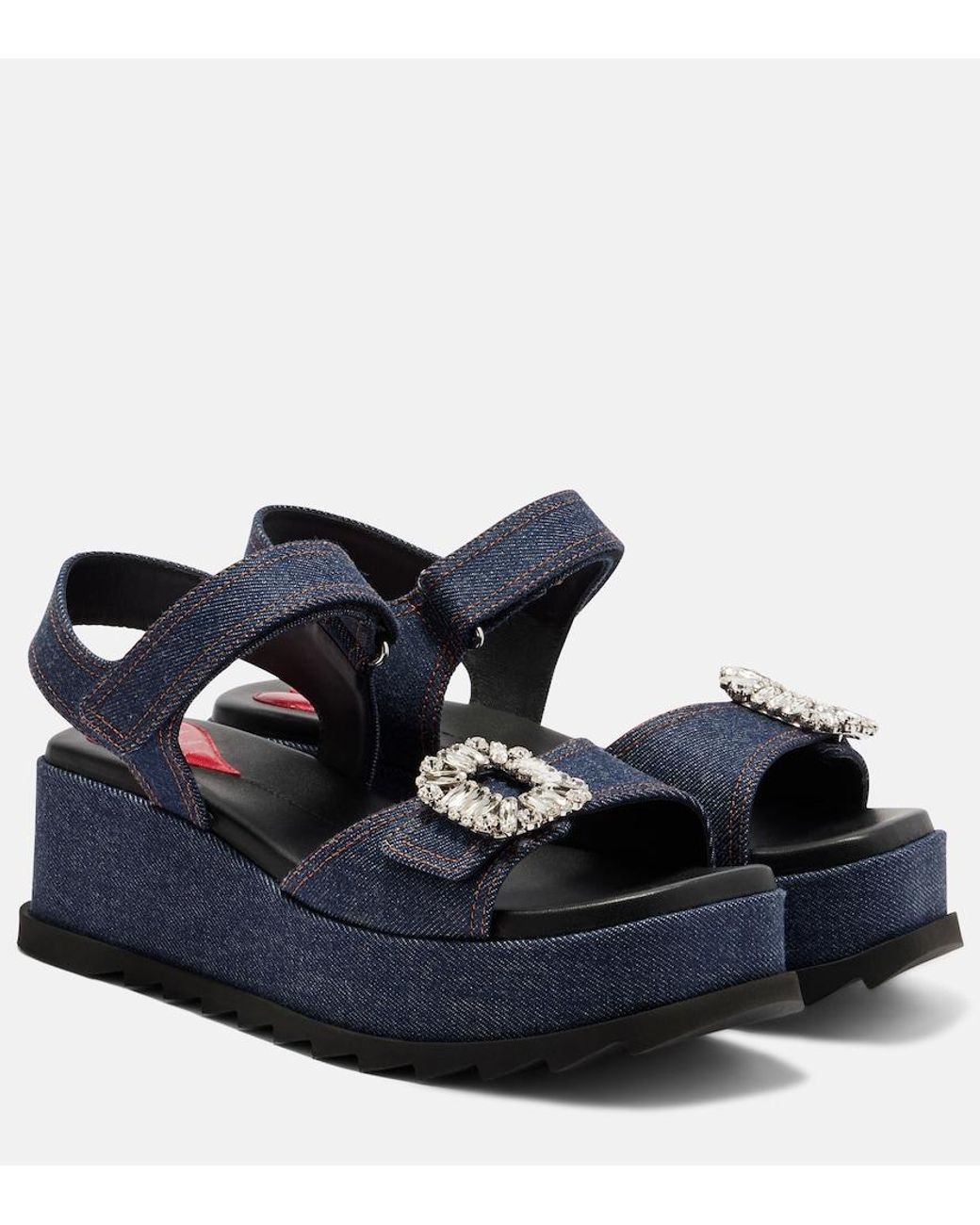 Roger Vivier Blue Embellished Denim Wedge Sandals