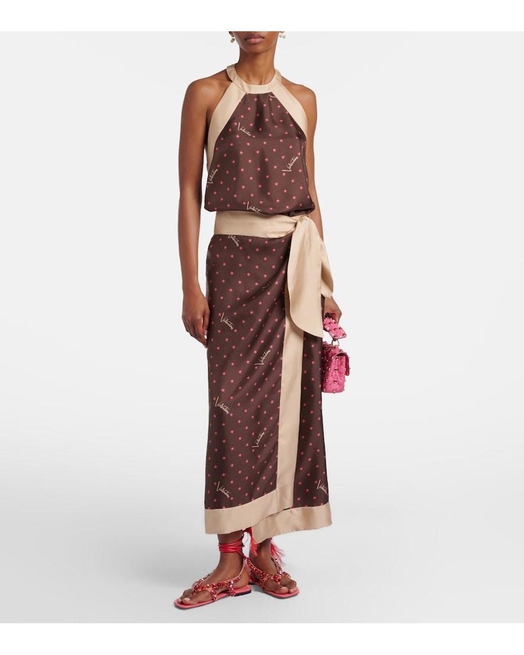 Valentino Garavani Brown Printed Halterneck Silk Twill Top