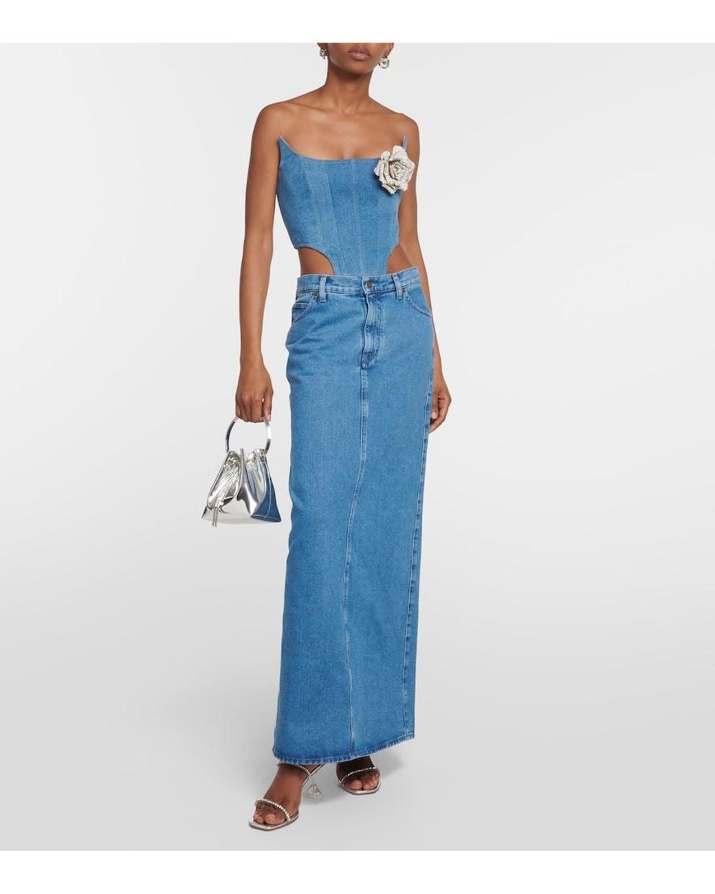 GIUSEPPE DI MORABITO Blue Floral-Applique Denim Bustier