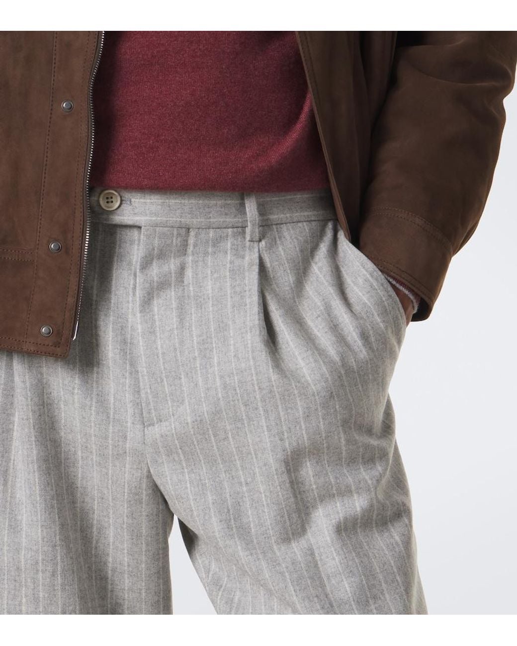 Brunello Cucinelli Gray Pinstripe Wool And Cashmere Tapered Pants for men